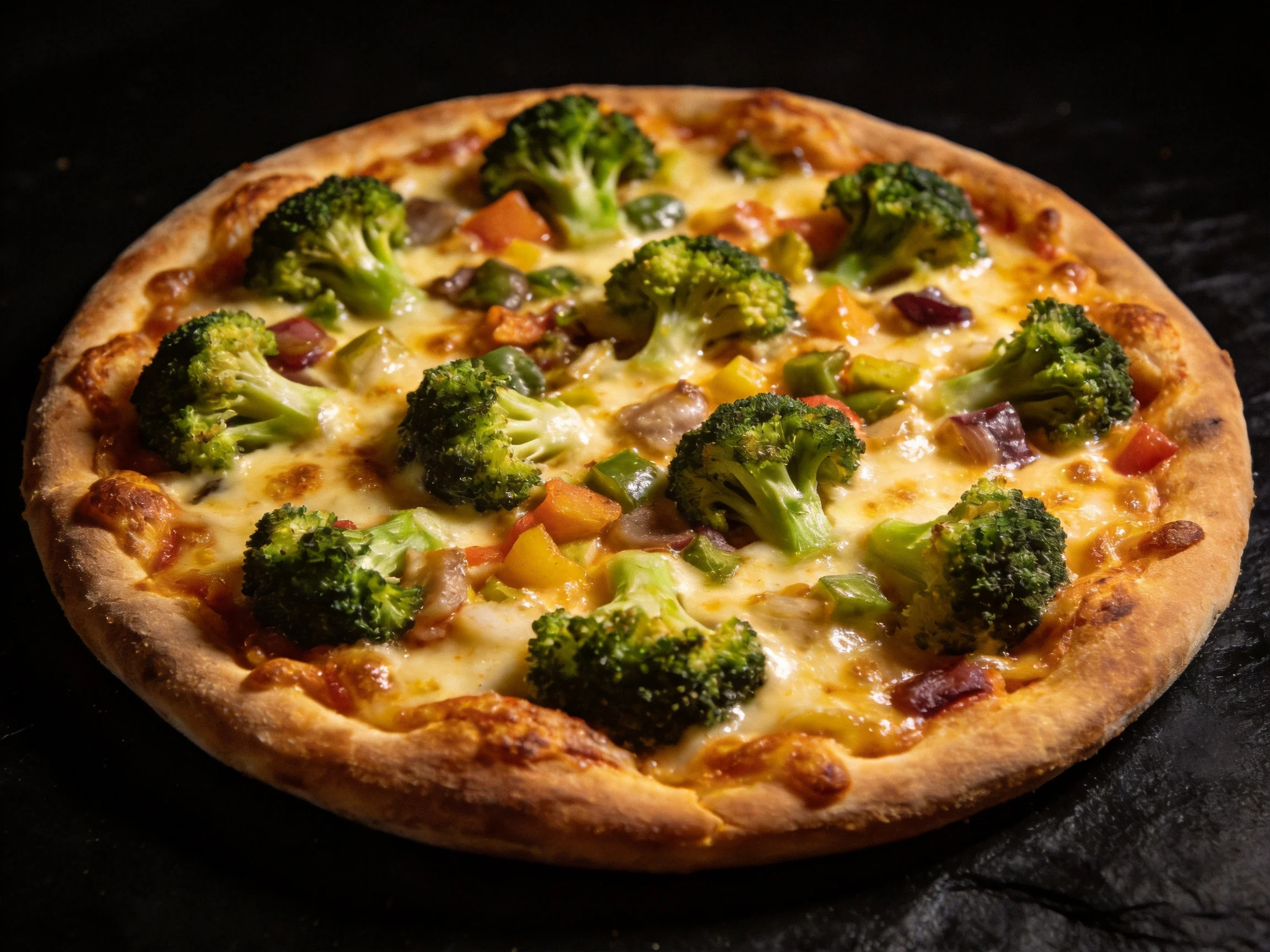 A golden-brown crust pizza topped with broccoli and mixed vegetables