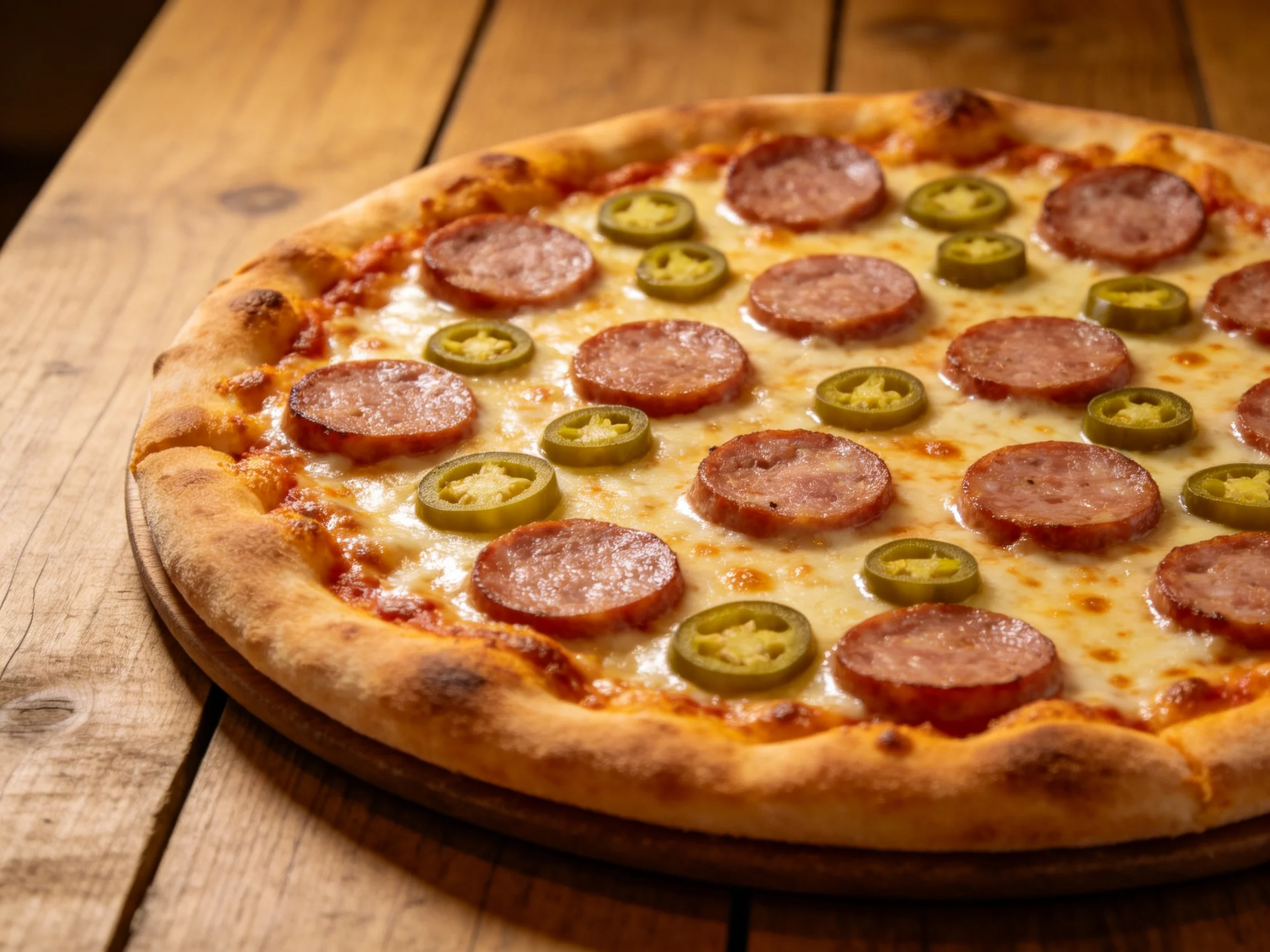 A golden-brown crust pizza topped with pepperoni and jalapeno slices