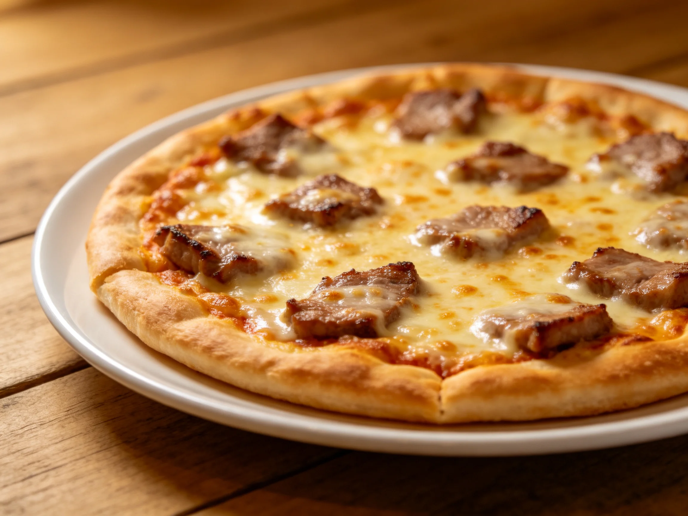 A golden-brown crust pizza with melted cheese and savory meat toppings