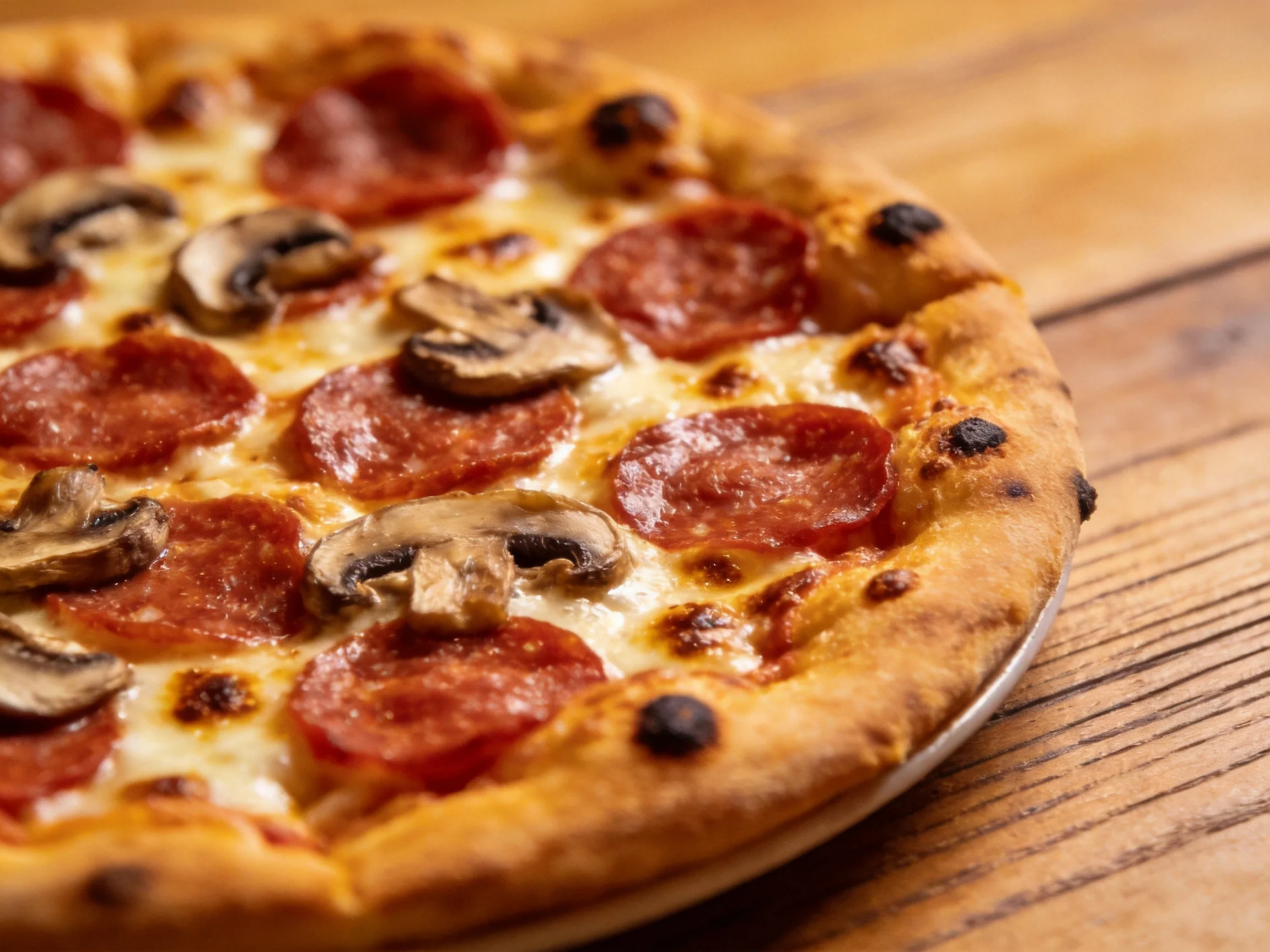 A golden-brown crust pizza with pepperoni and mushrooms