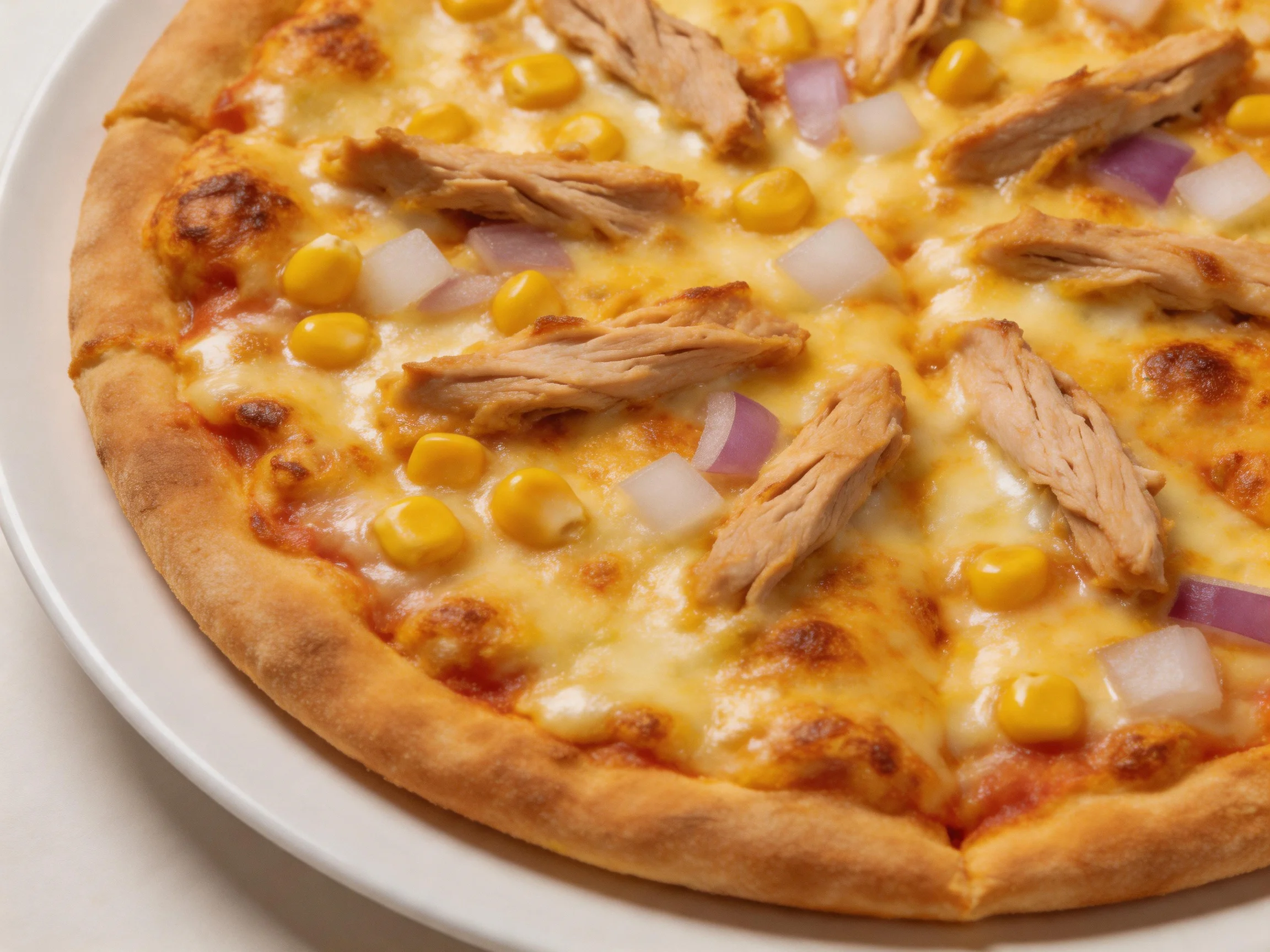 A golden-brown crust pizza with shredded chicken, corn, and red onion