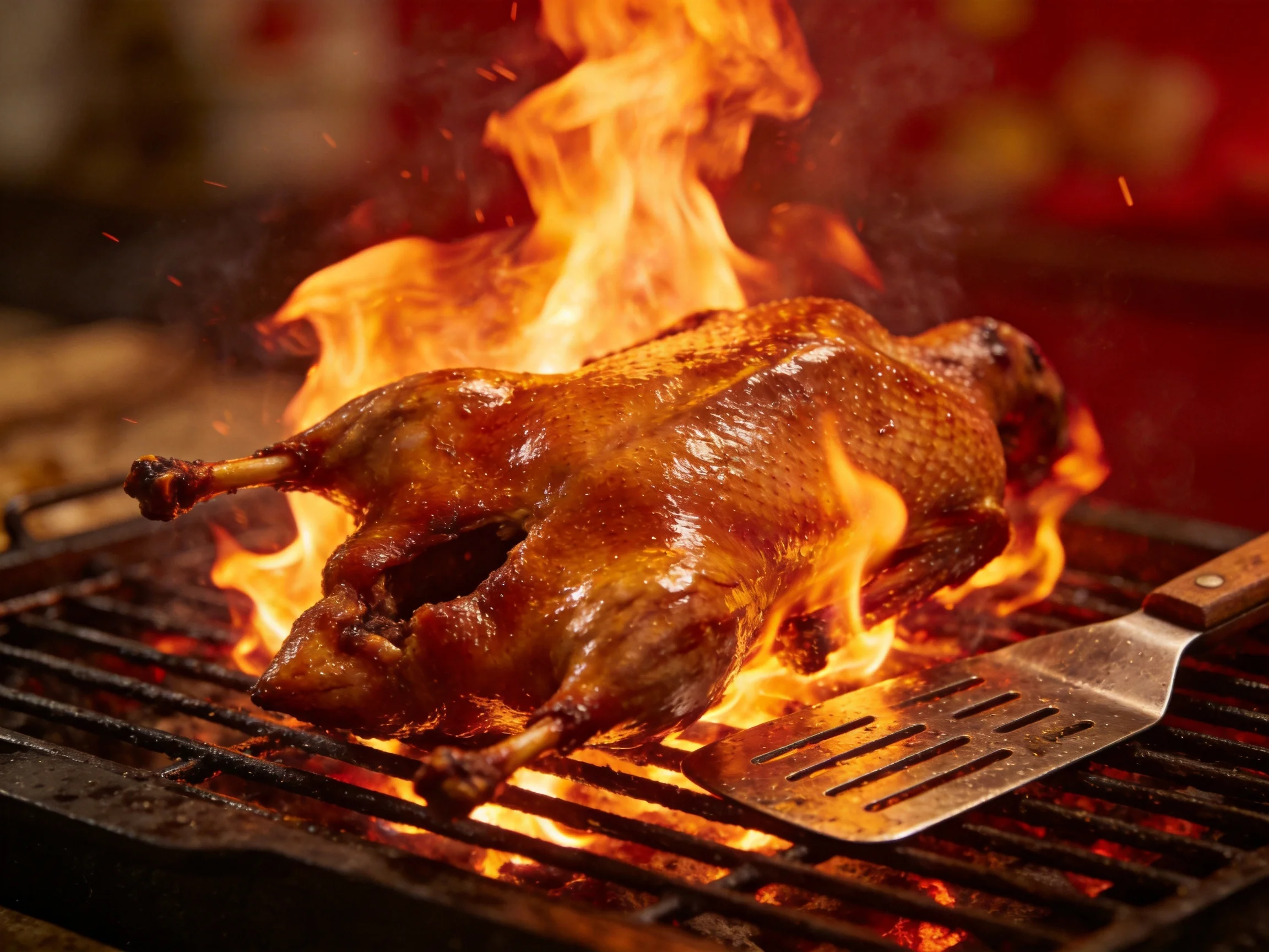 A golden-brown duck roasting over blazing flames on a black grill