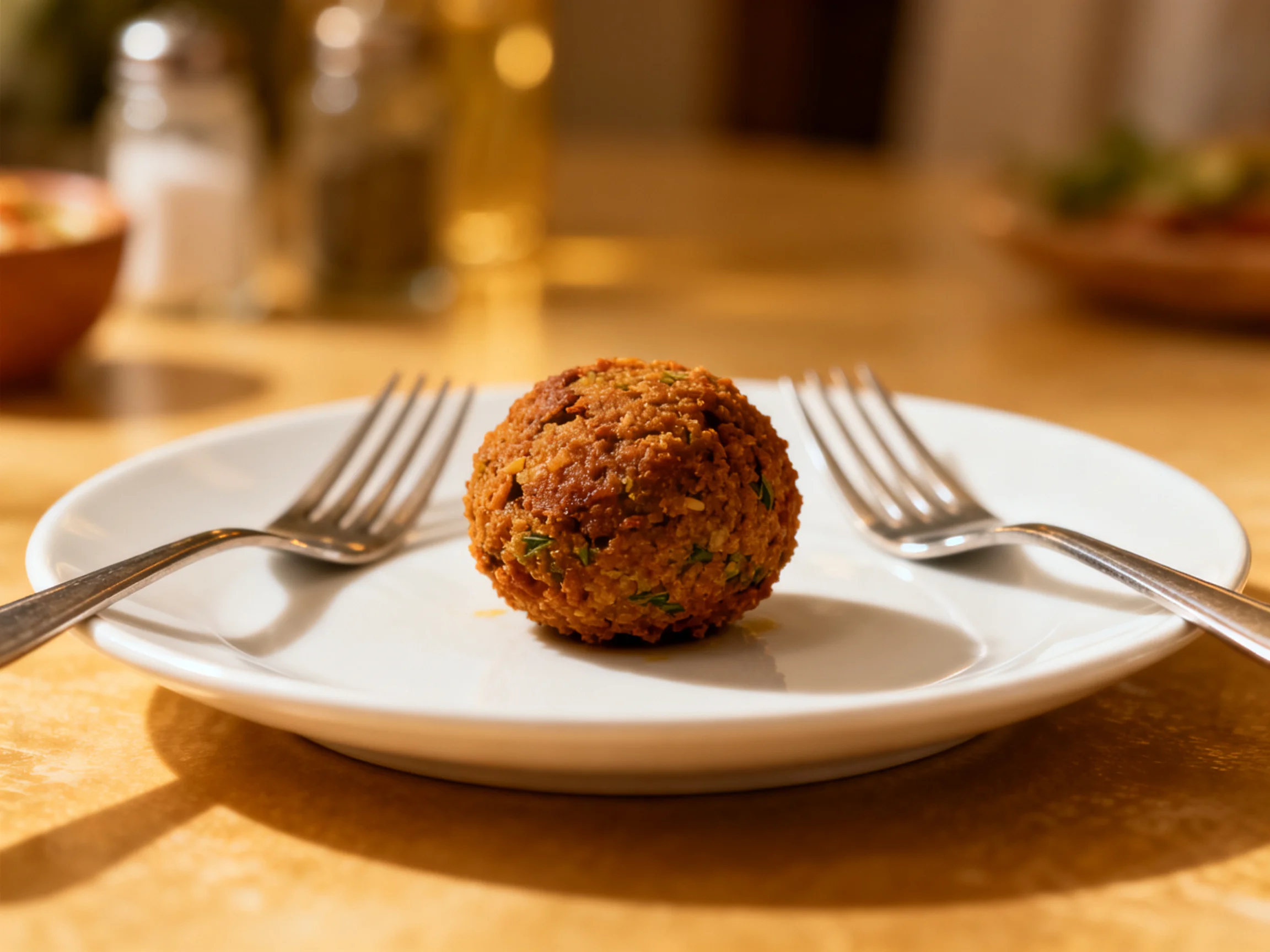 A golden-brown falafel ball sits on a white plate with two forks