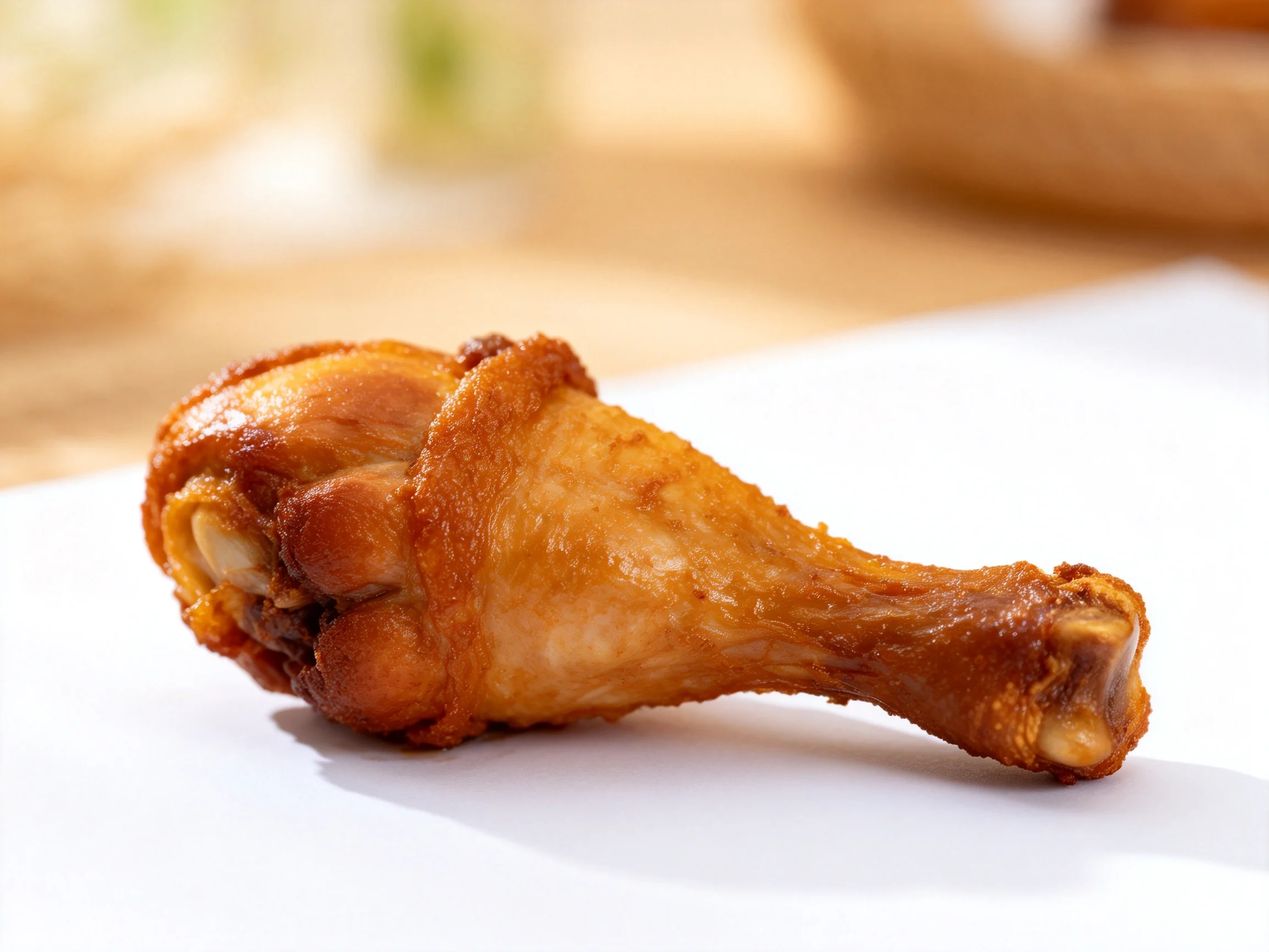 A golden-brown fried chicken drumstick on a white surface