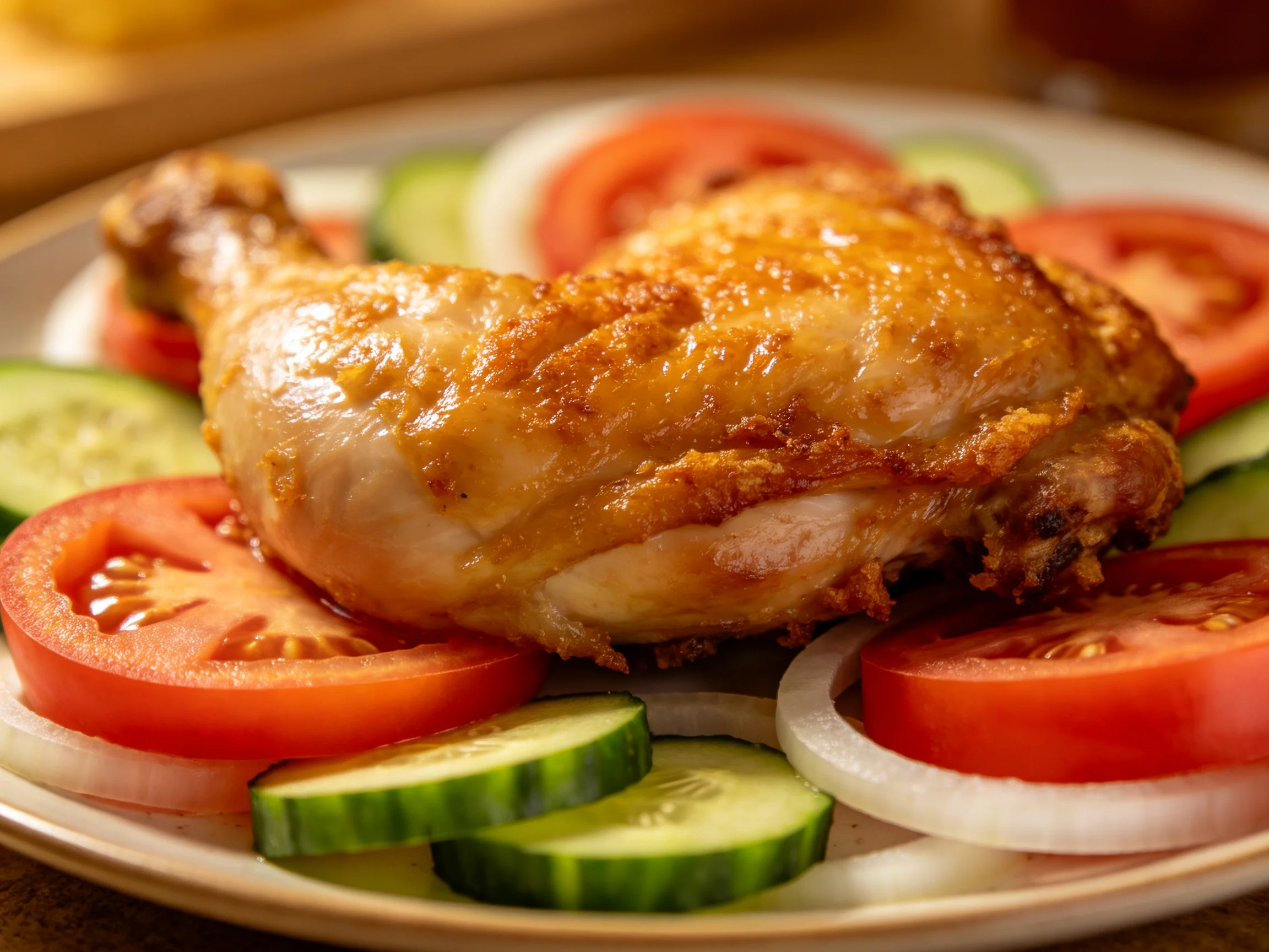 A golden-brown fried chicken leg with fresh tomato, cucumber, and onion slices