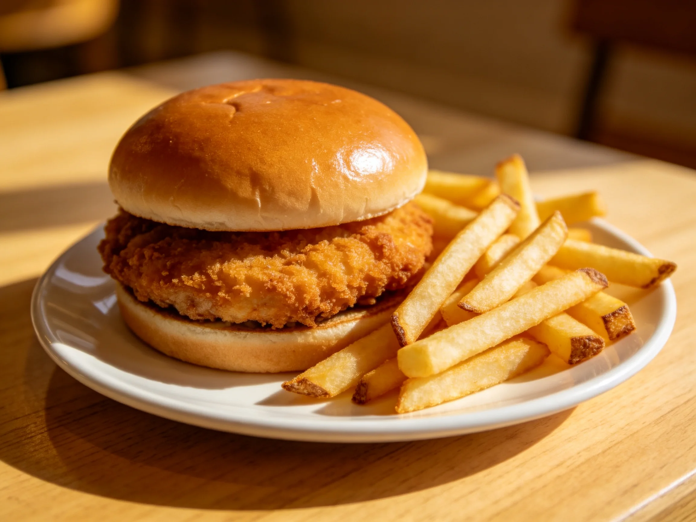 A golden-brown fried chicken sandwich served with crispy French fries