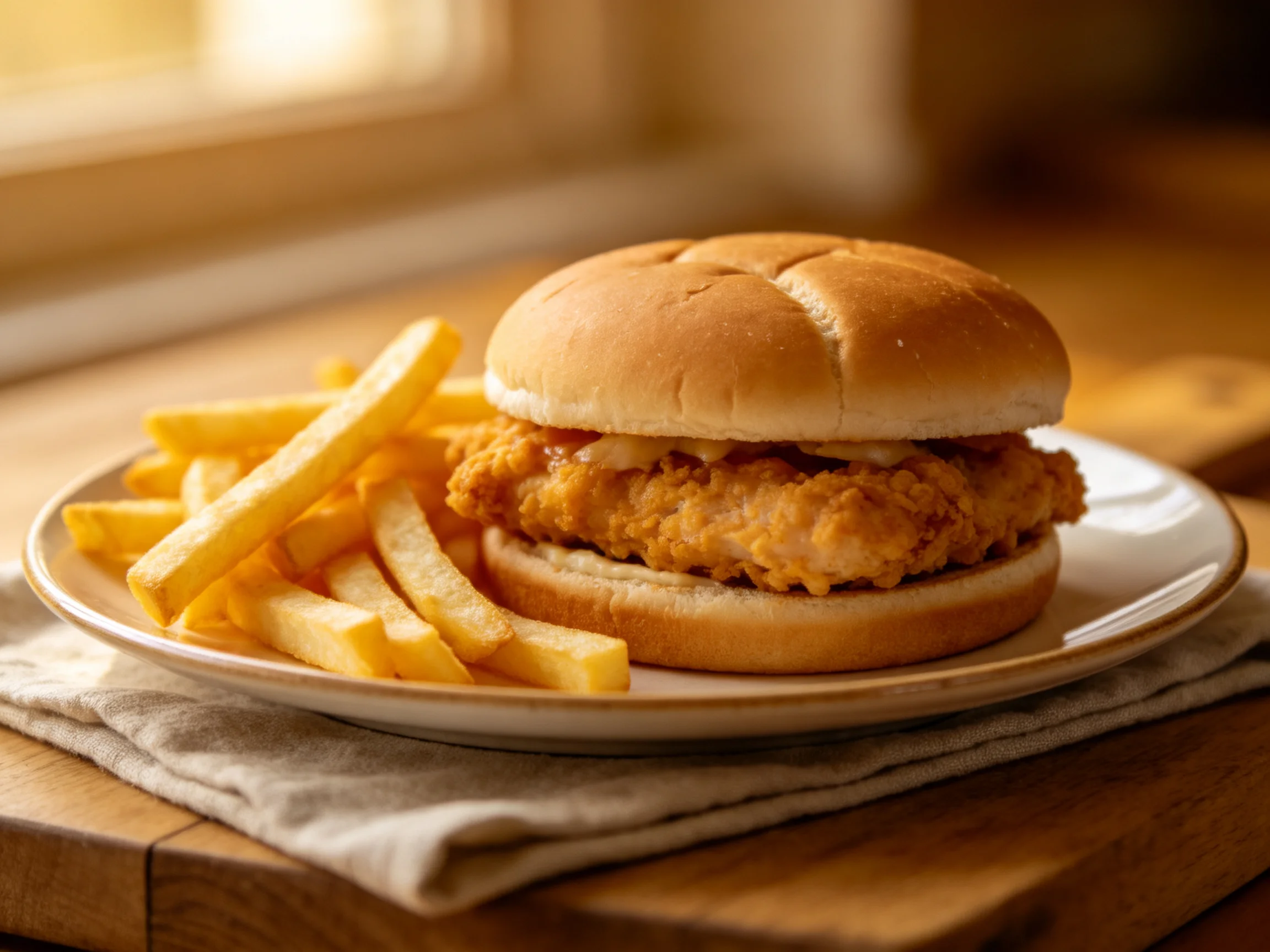 A golden-brown fried chicken sandwich with crispy fries on a white plate