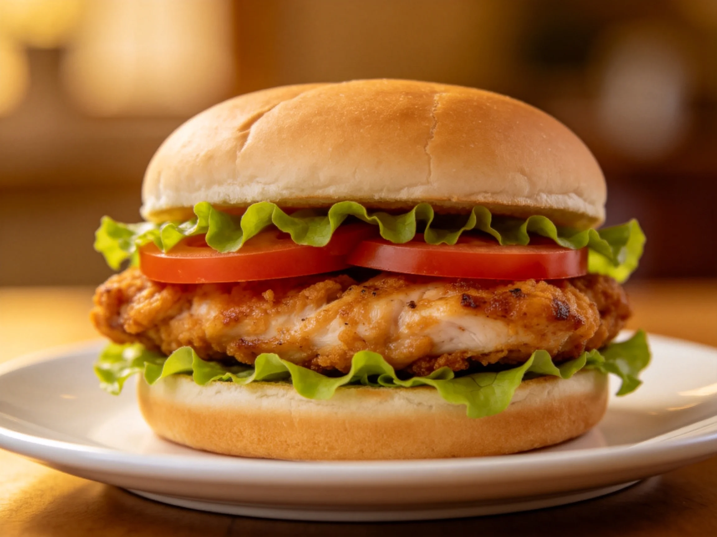 A golden-brown fried chicken sandwich with fresh lettuce and tomato