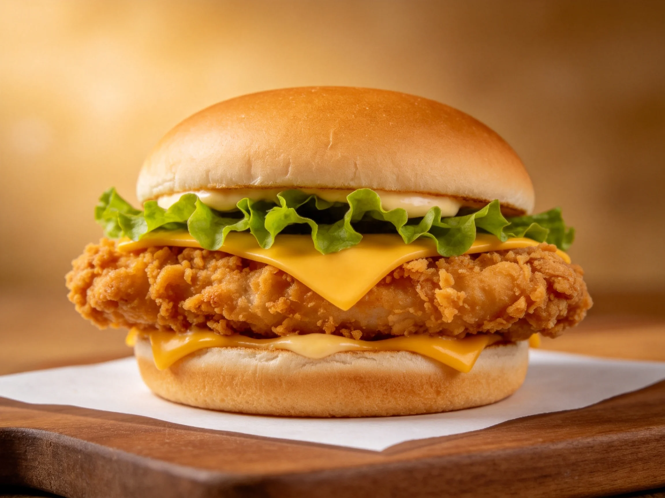 A golden-brown fried chicken sandwich with melted cheese and crisp lettuce