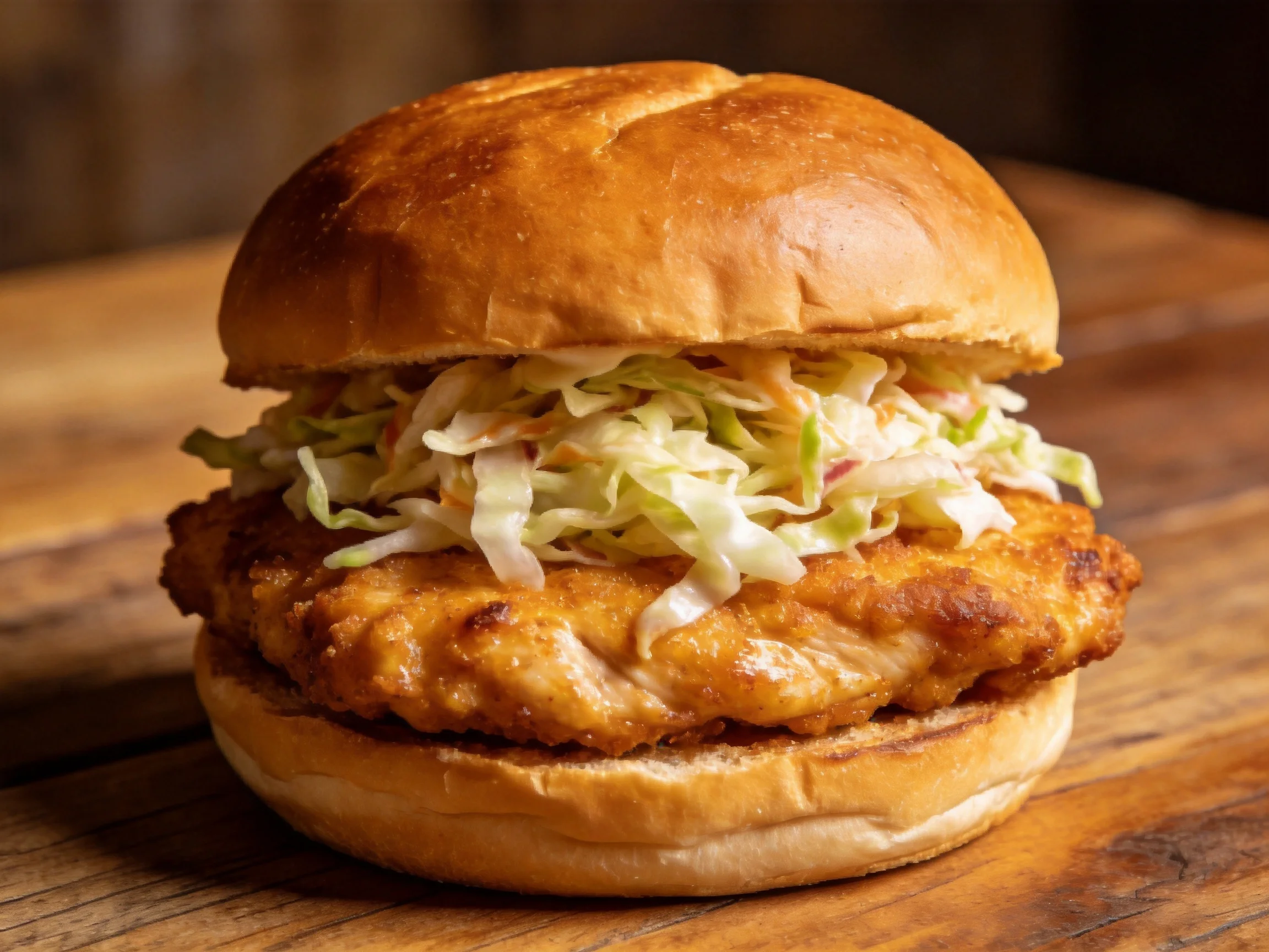 A golden-brown fried chicken sandwich with shredded coleslaw