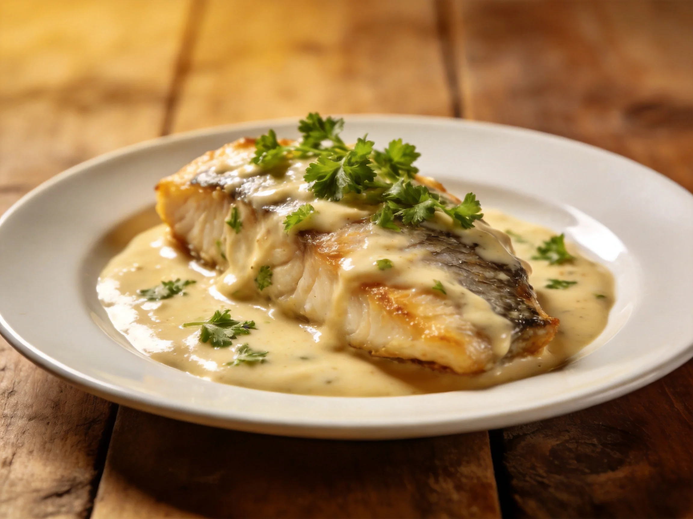A golden-brown fried fish fillet with creamy herb sauce