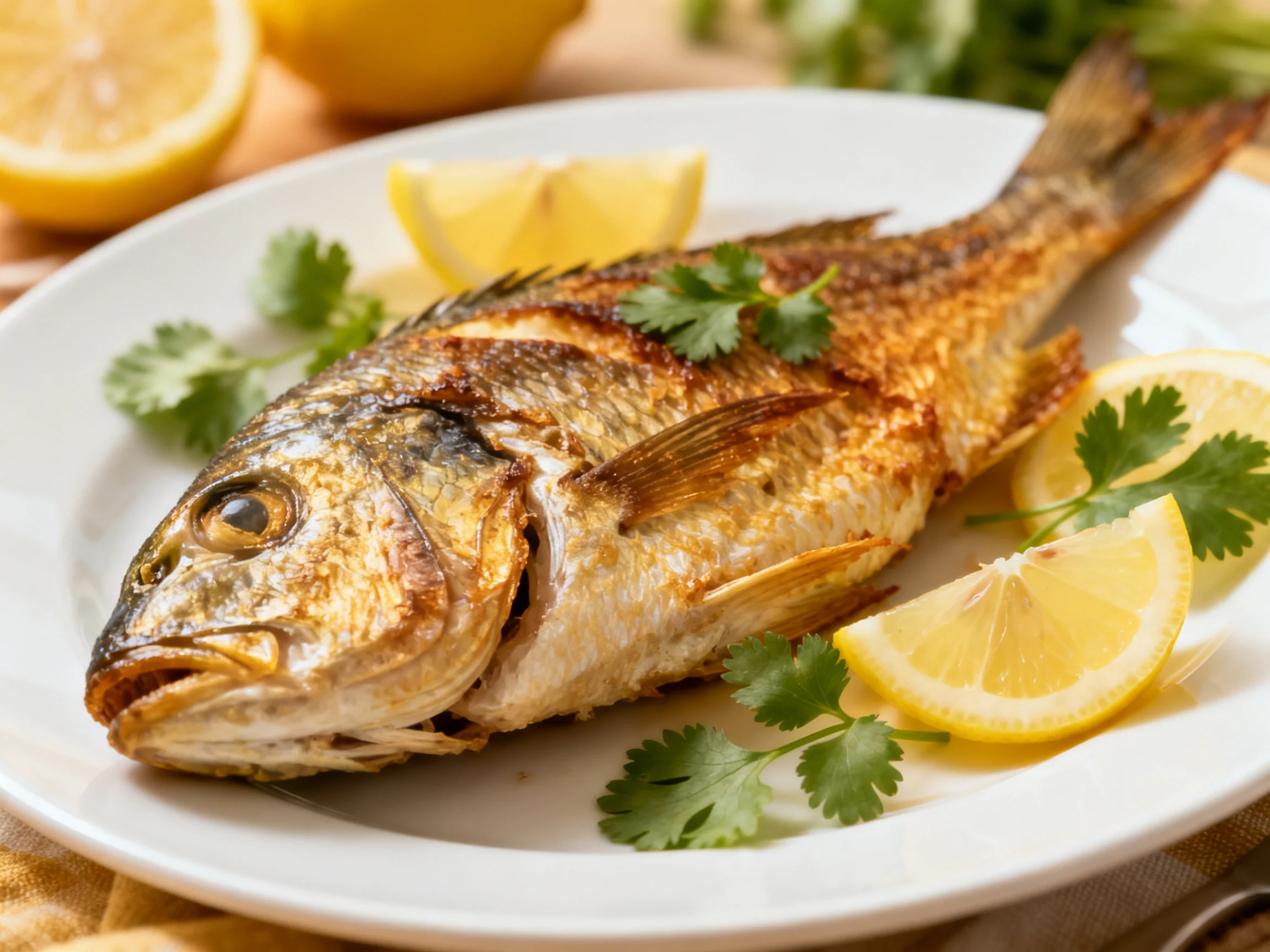 A golden-brown fried fish served with lemon wedges and cilantro