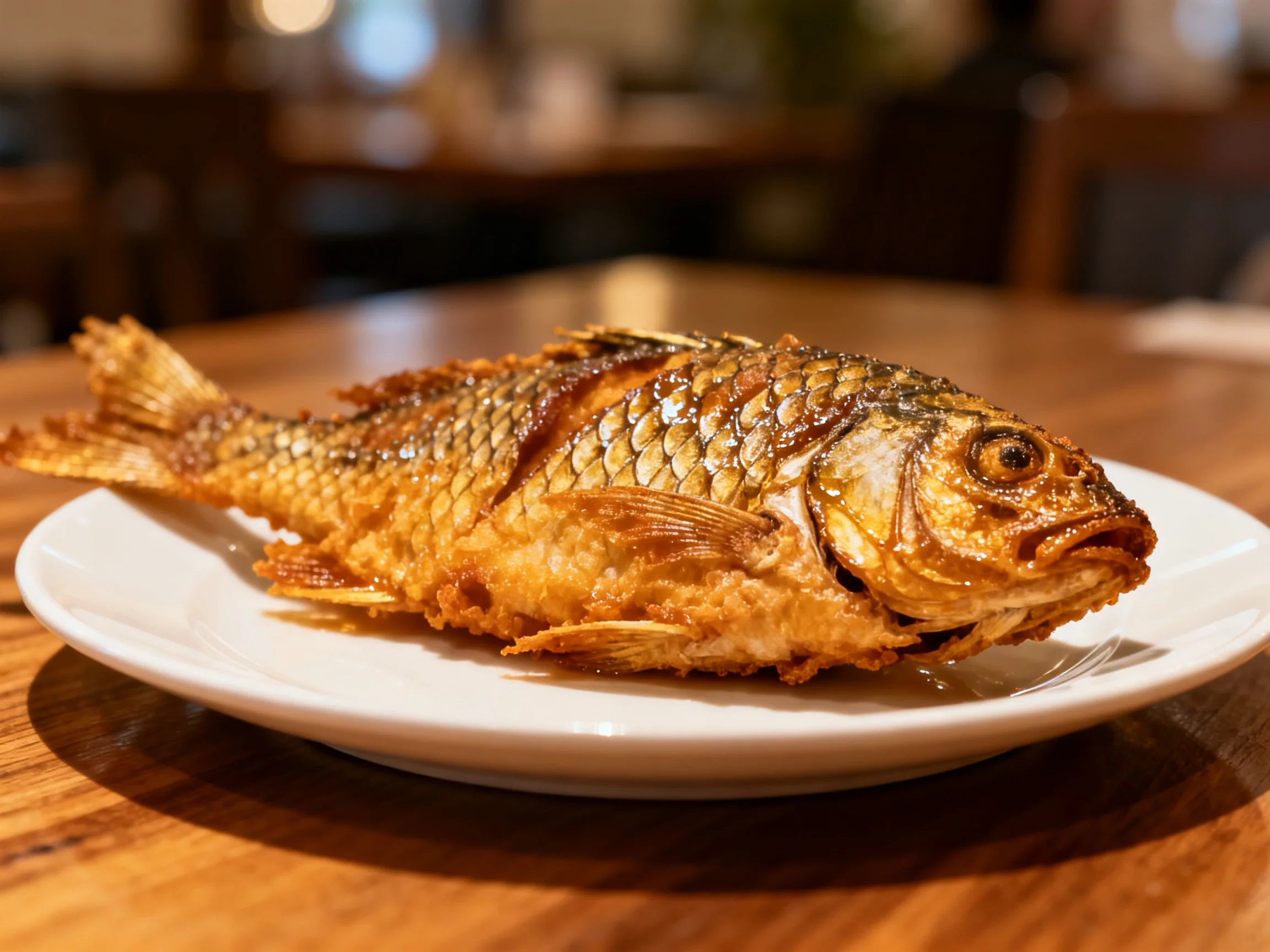 A golden-brown fried whole fish served on a white dish