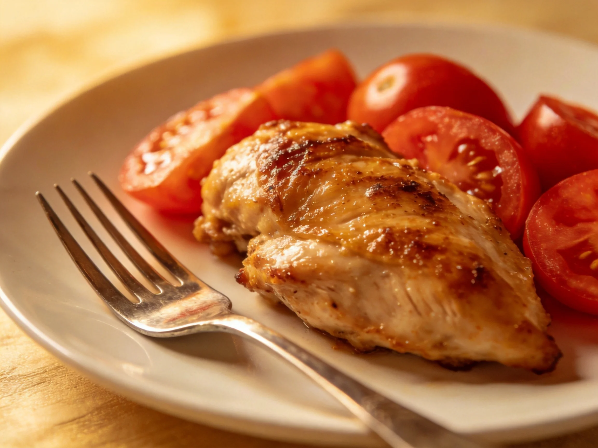 A golden-brown grilled chicken breast with bright red tomato slices on a white plate