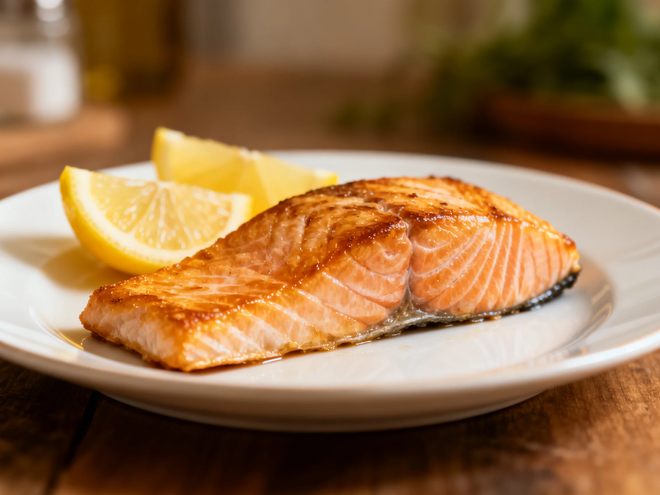 A golden-brown grilled salmon fillet with two lemon wedges on a white plate