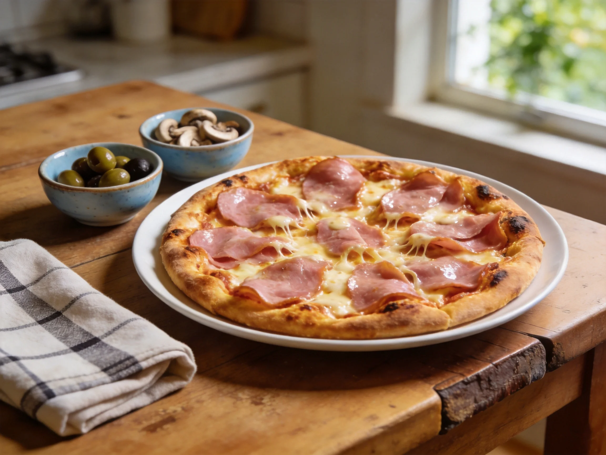 A golden-brown ham pizza sits on a white plate beside blue bowls of olives and mushrooms