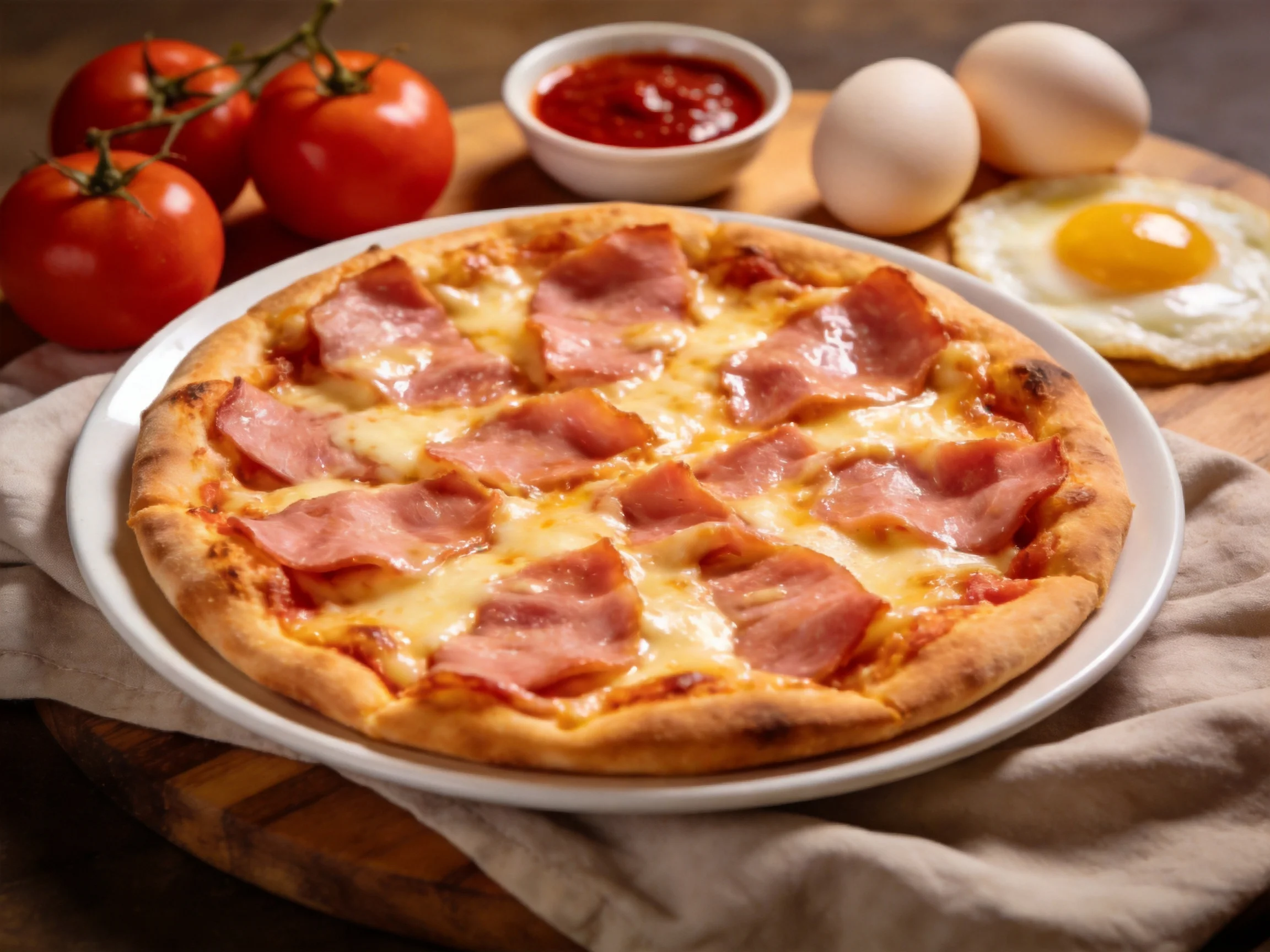 A golden-brown ham pizza with fresh red tomatoes and fried egg nearby