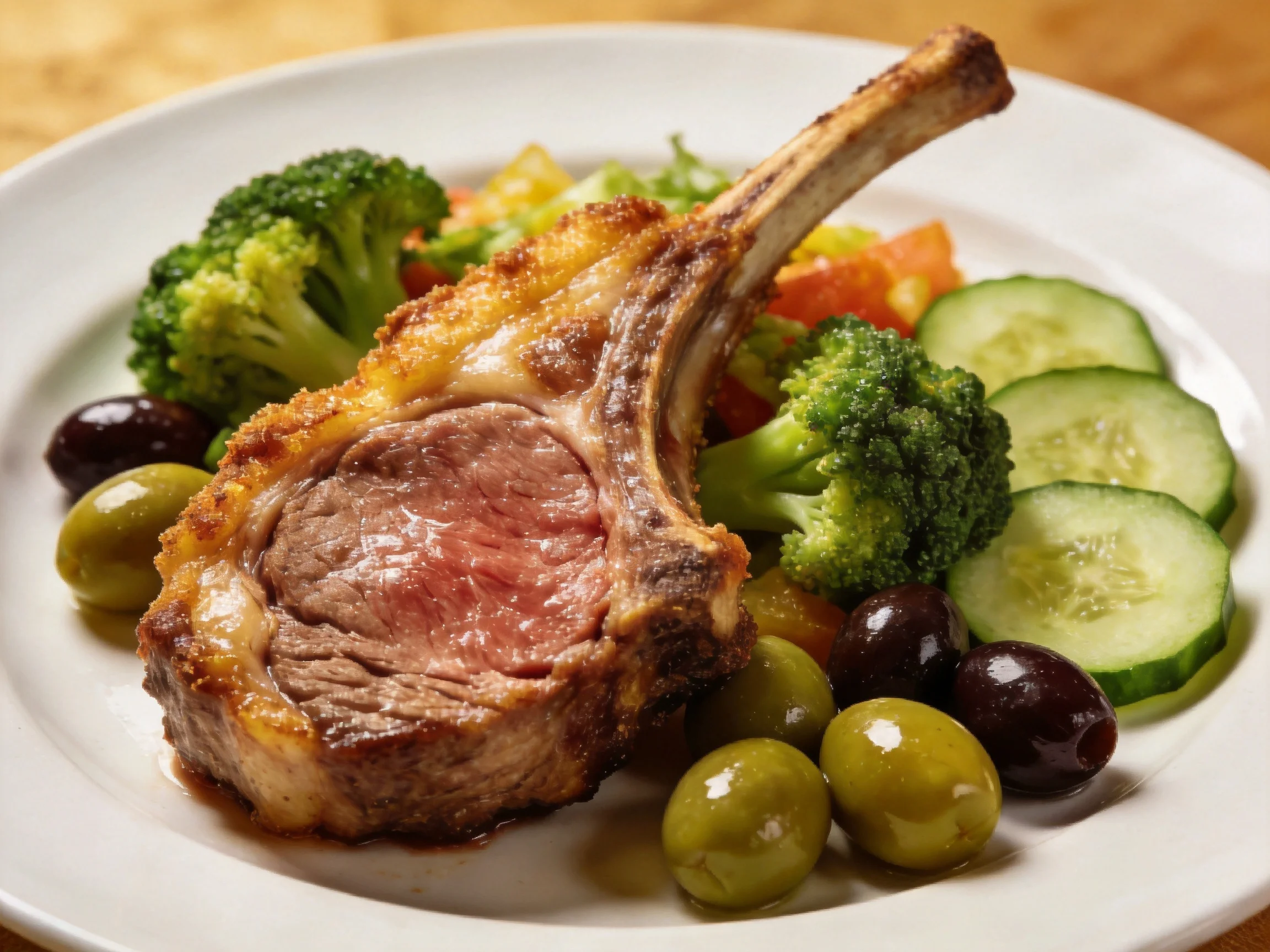 A golden-brown lamb chop served with fresh vegetables and olives