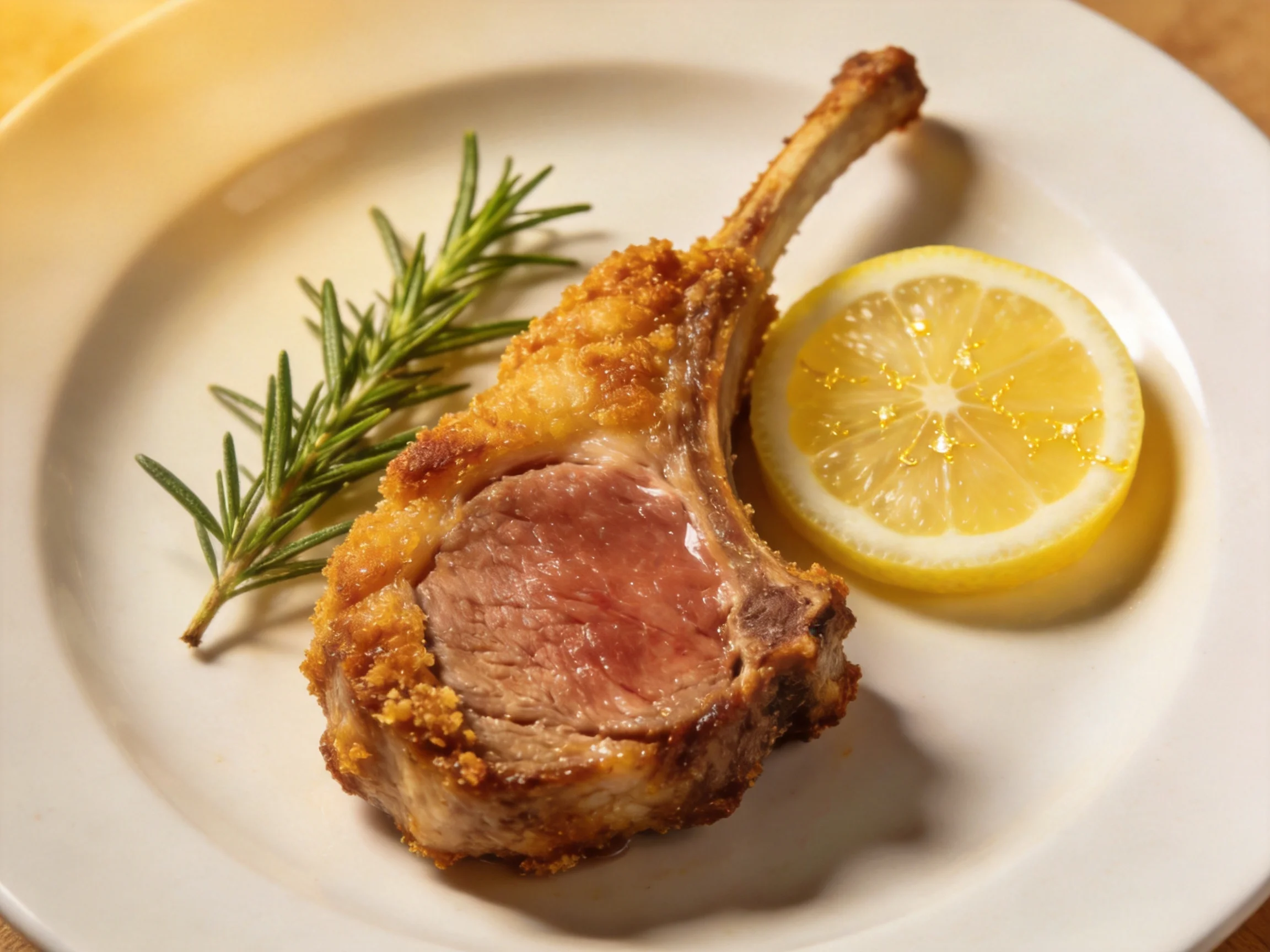 A golden-brown lamb chop with rosemary and lemon on a white plate