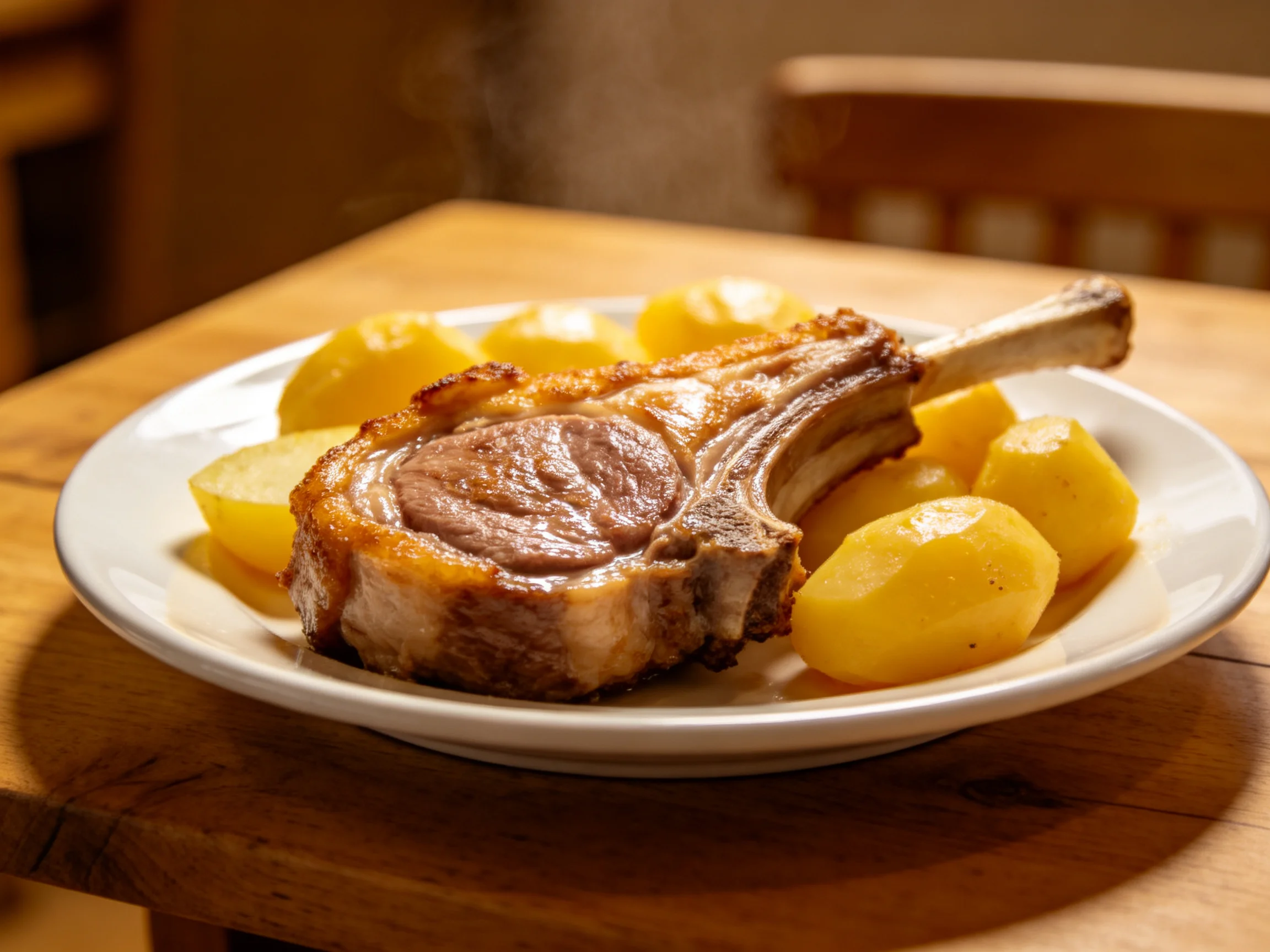 A golden-brown lamb chop with yellow potato halves on a white plate
