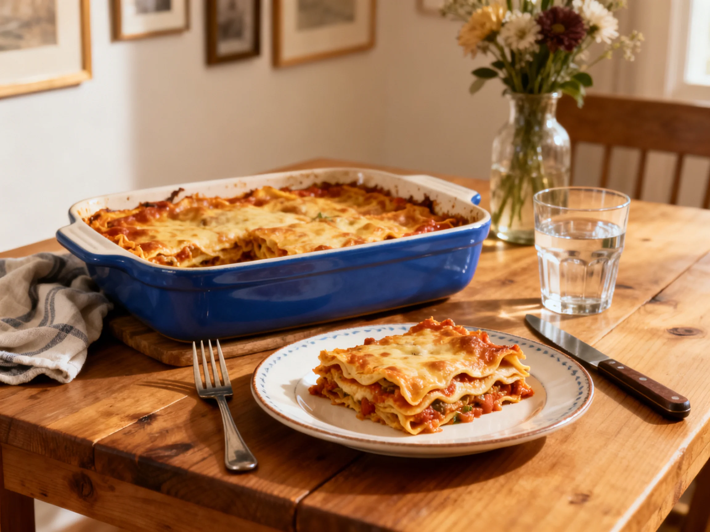 A golden-brown lasagna in a blue baking dish on a wooden table