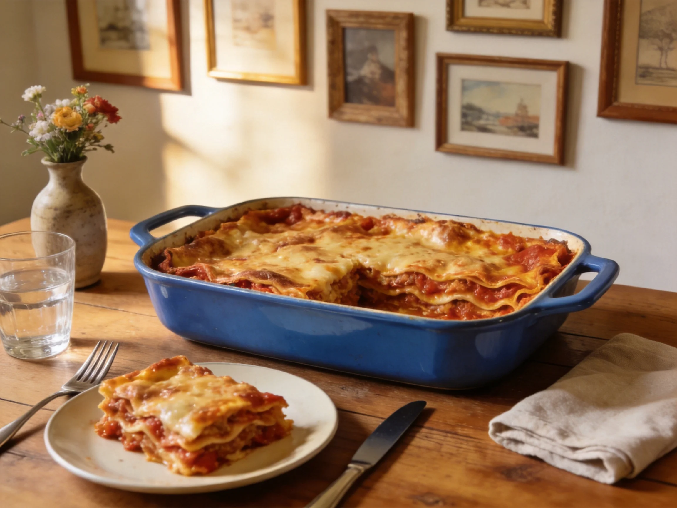 A golden-brown lasagna in a deep blue baking dish on a rustic wooden table