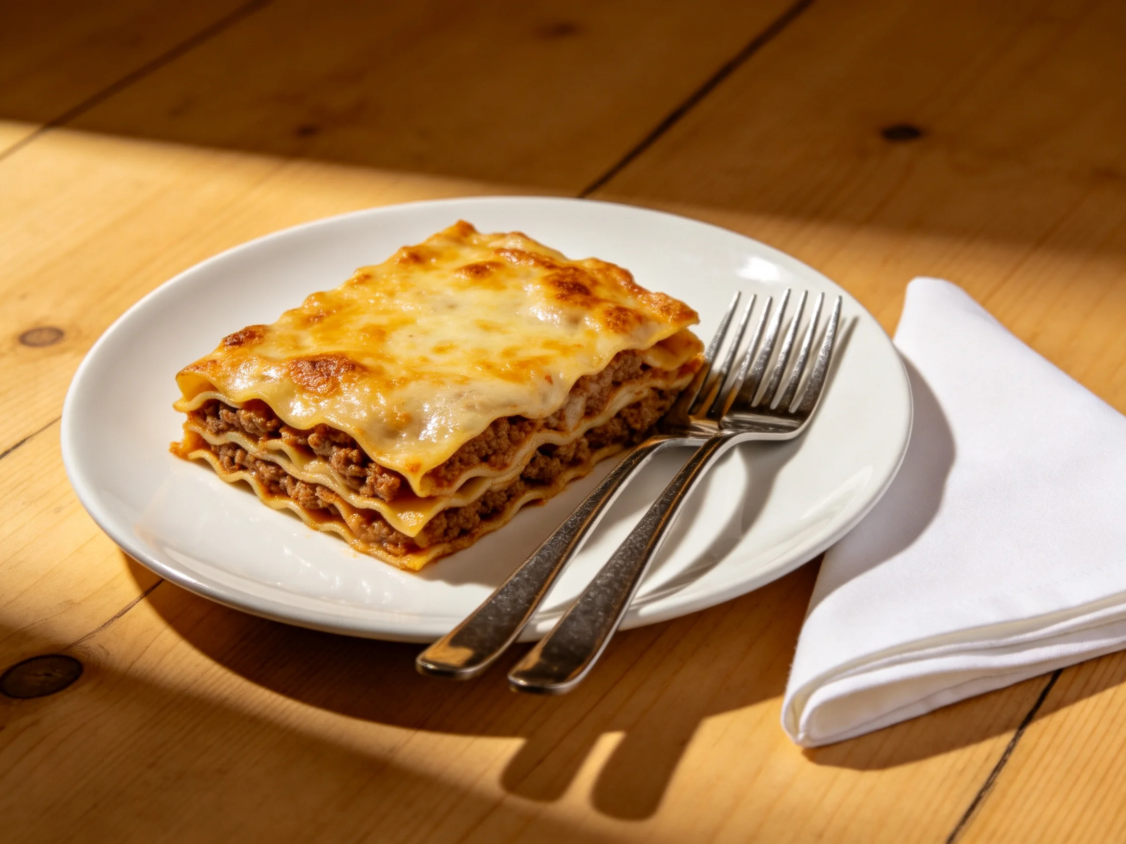 A golden-brown lasagna slice served on a white plate with silverware