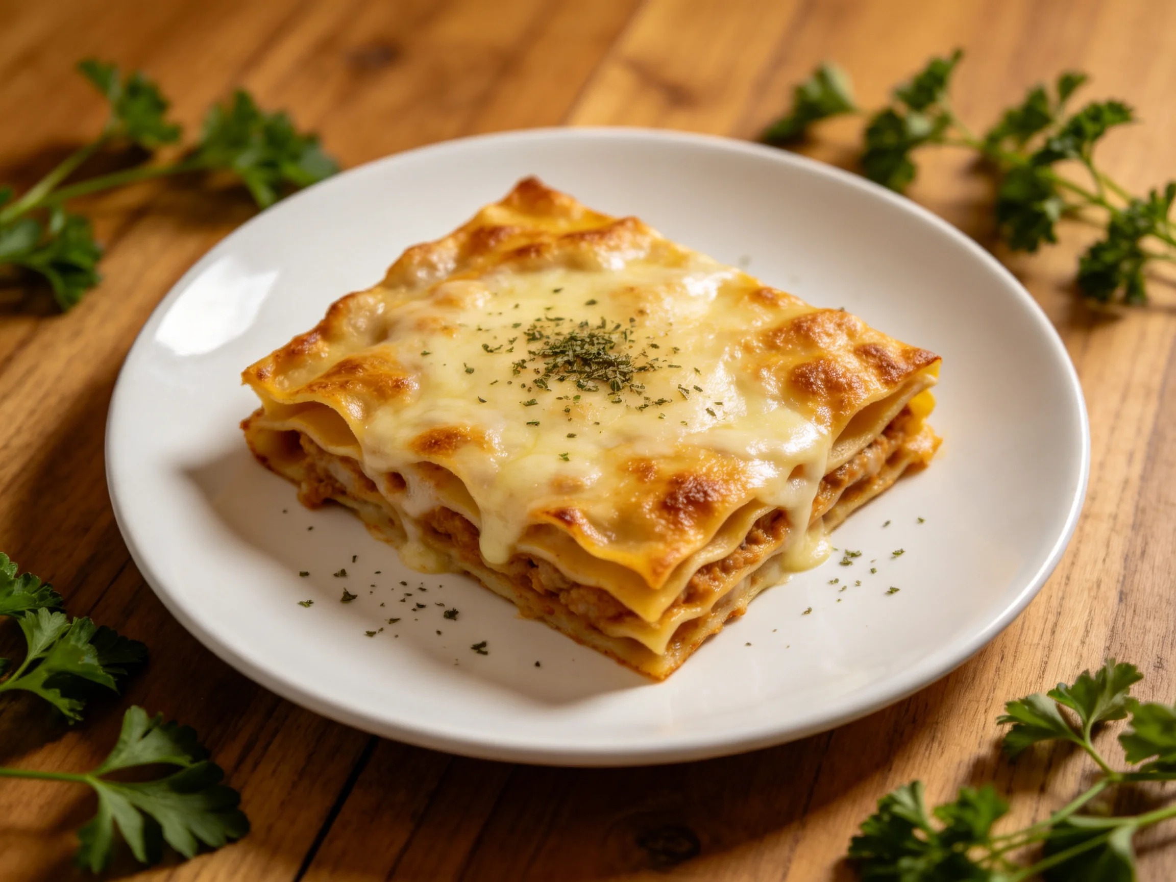 A golden-brown lasagna slice with melted cheese on a white plate