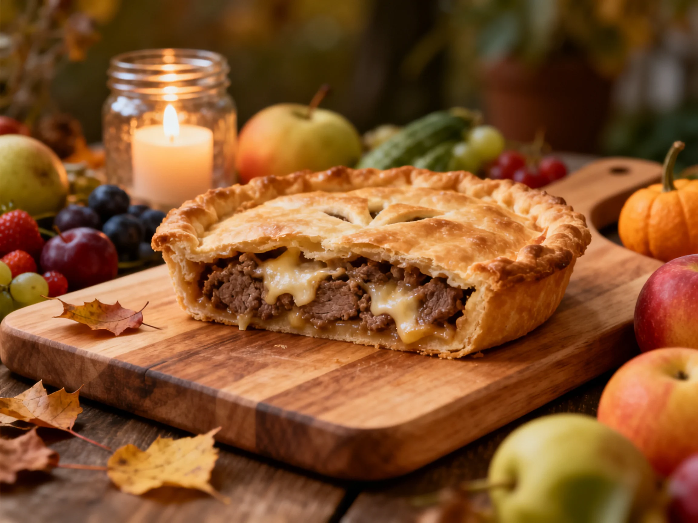 A golden-brown meat pie surrounded by colorful fruits and autumn decor