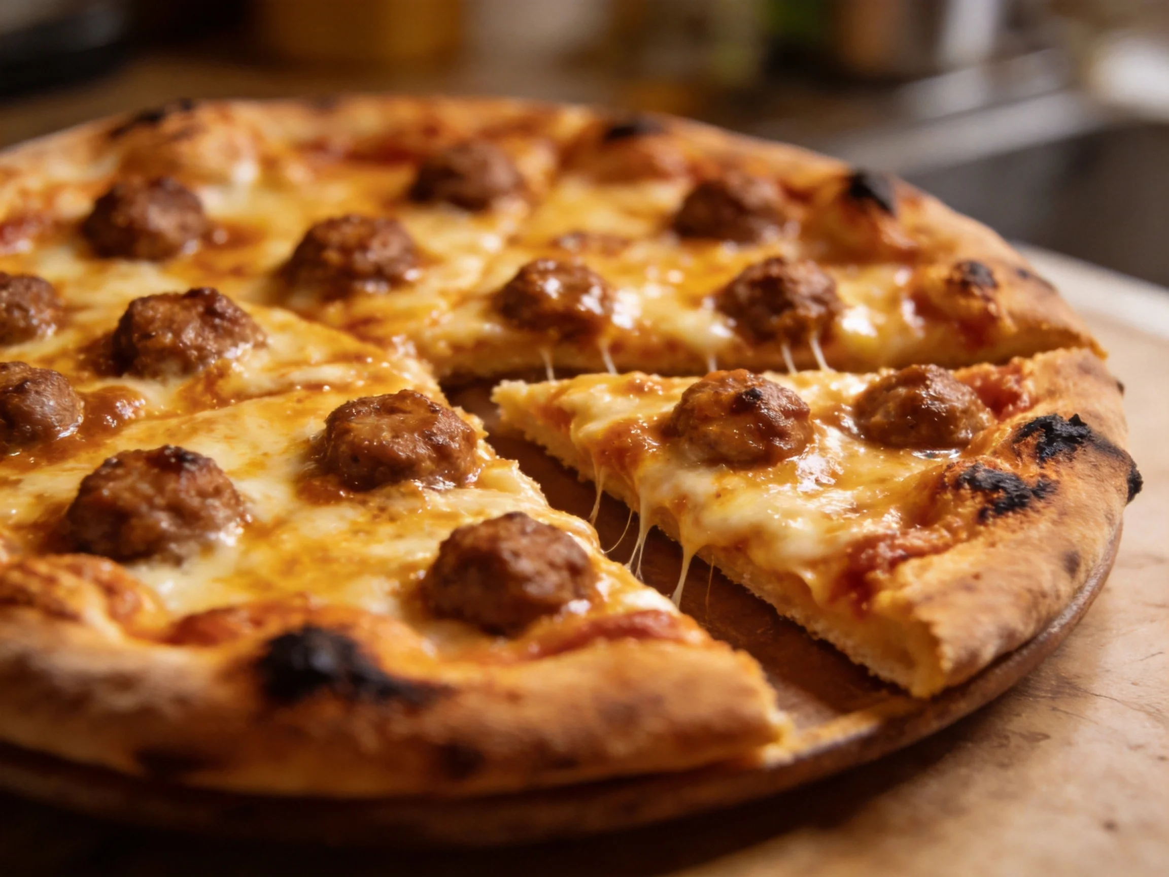 A golden-brown meatball pizza with melted cheese and toasted crust