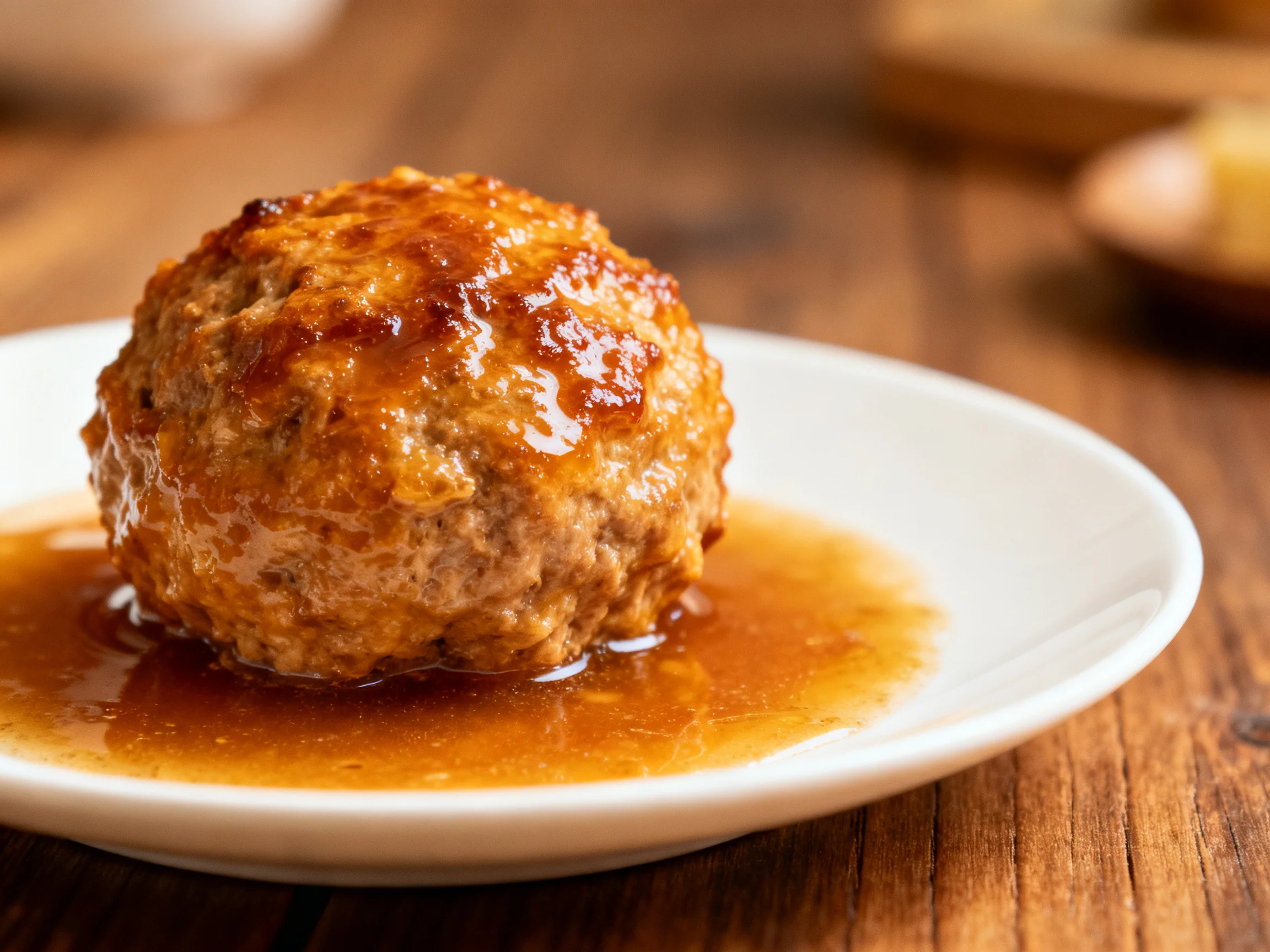 A golden-brown meatball with glossy sauce on a white plate