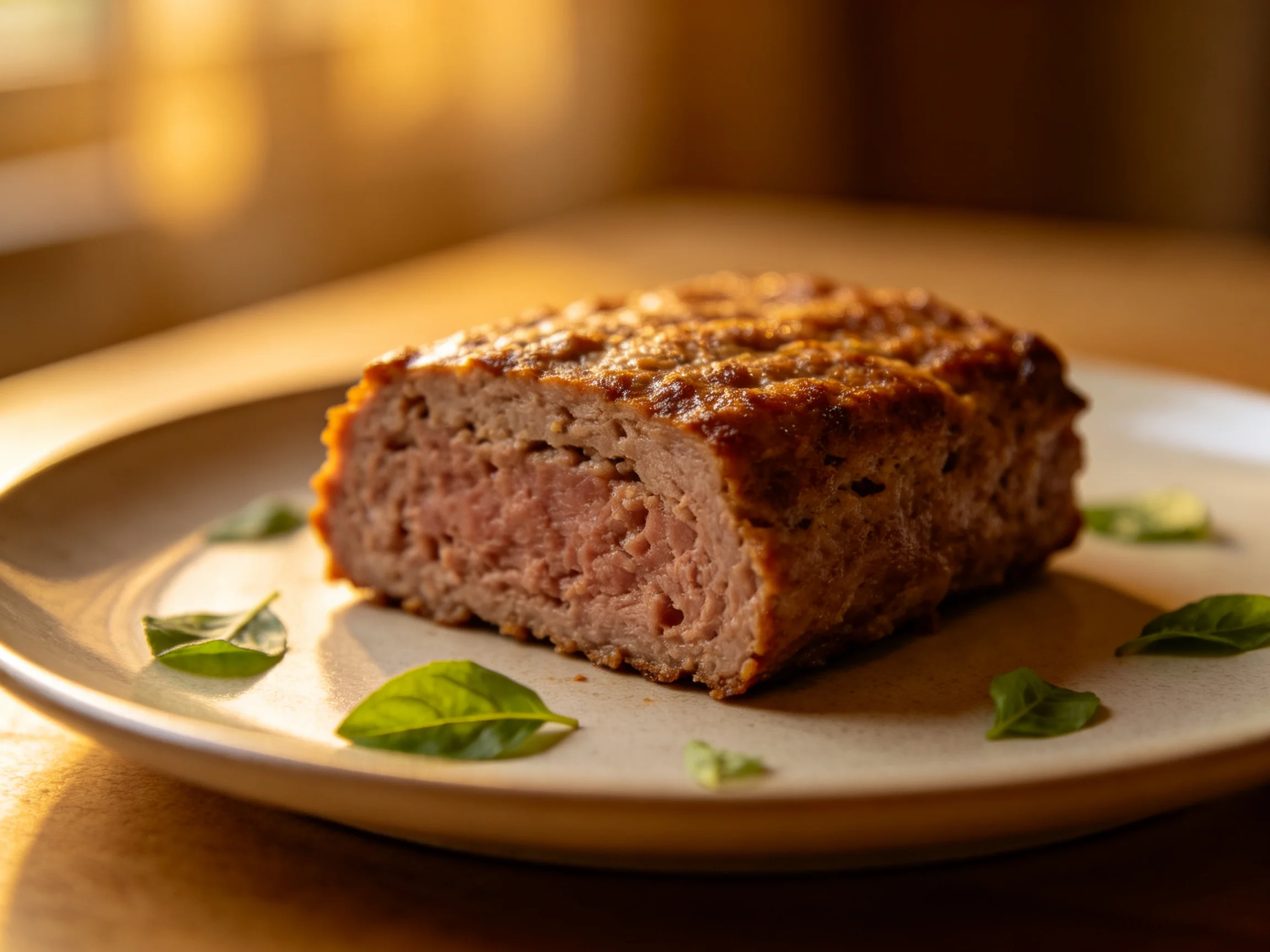 A golden-brown meatloaf slice on a beige plate with basil garnishes