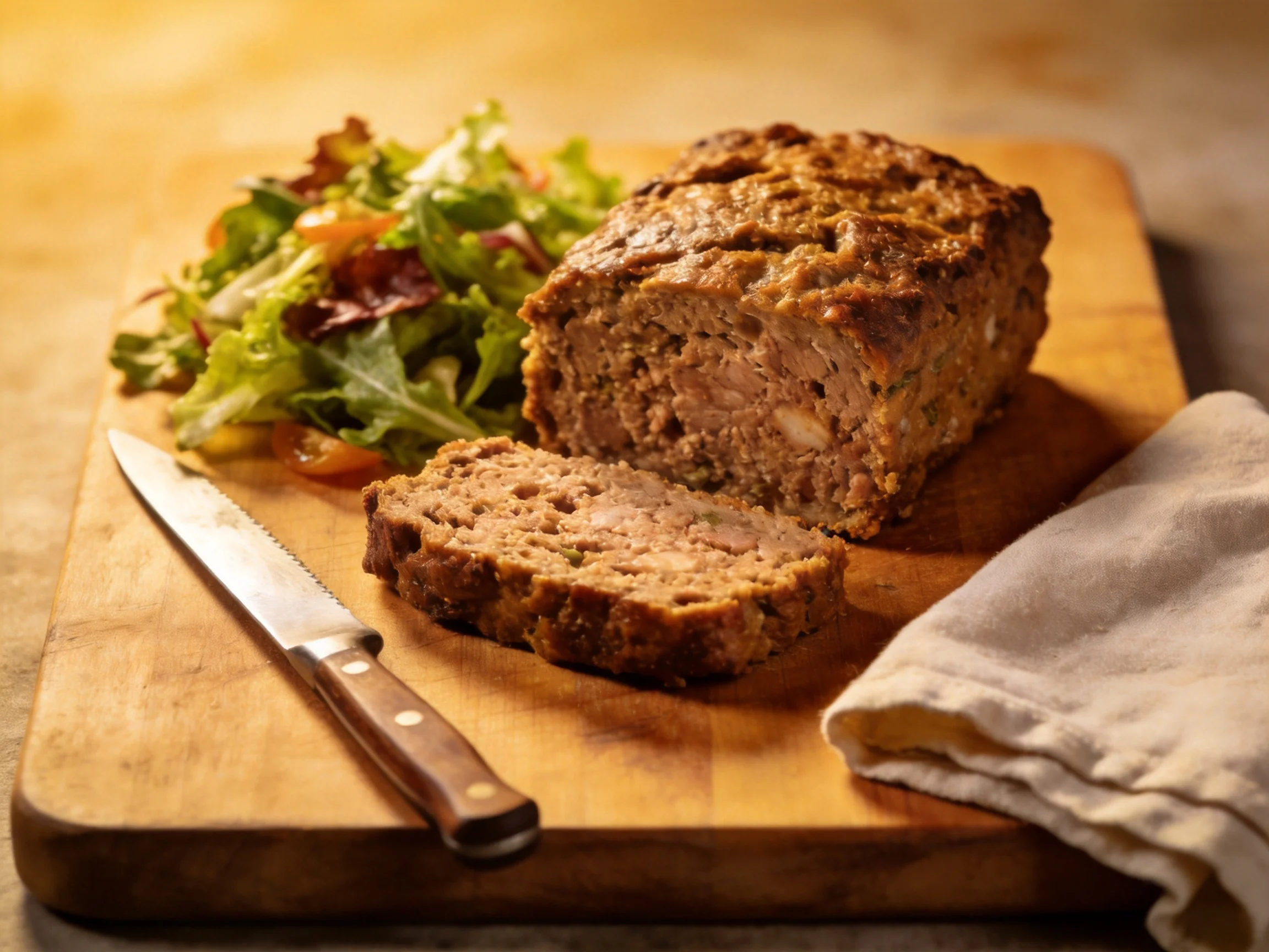 A golden-brown meatloaf with fresh green salad on a wooden cutting board