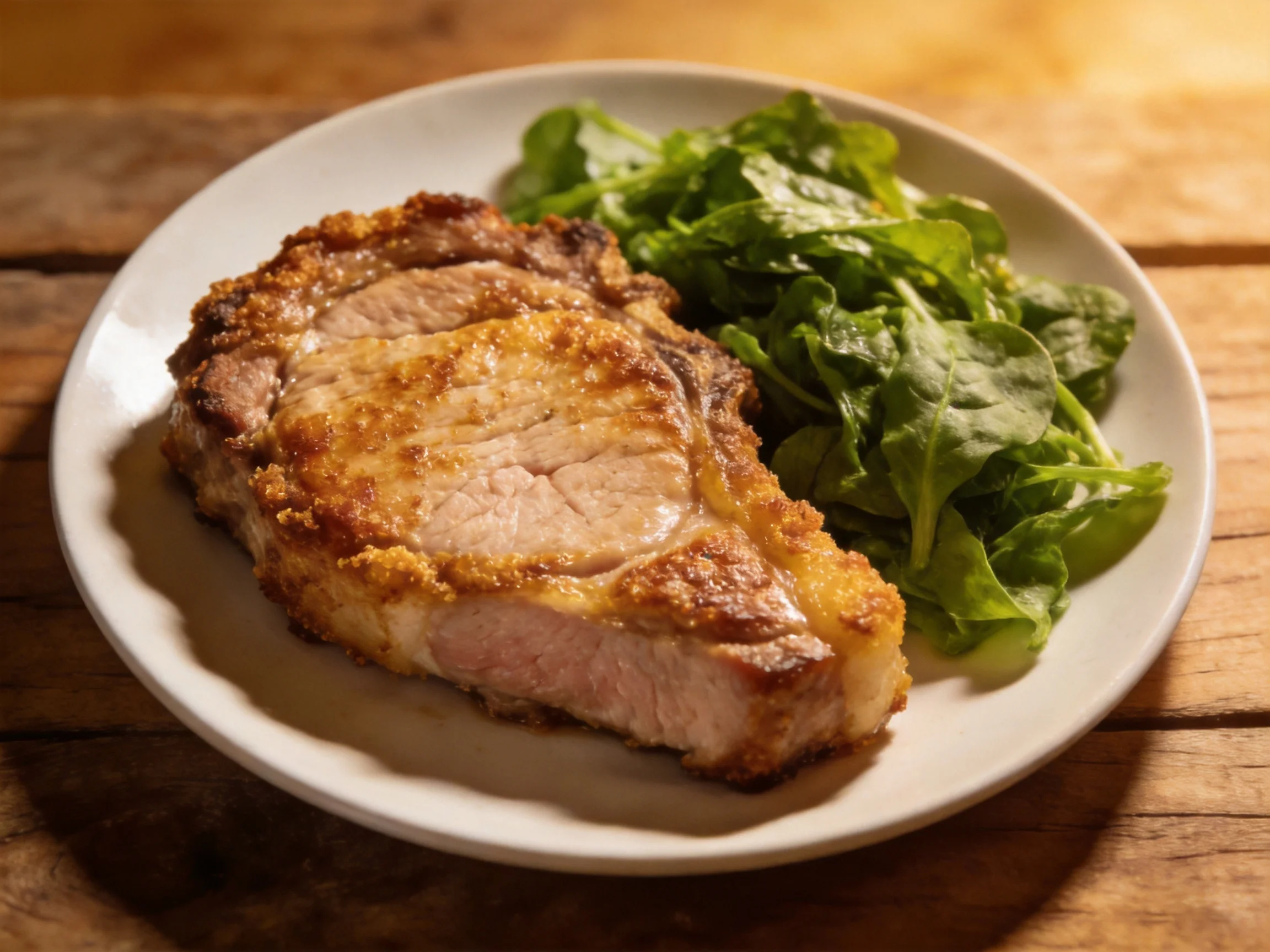 A golden-brown pan-seared steak served with fresh green salad
