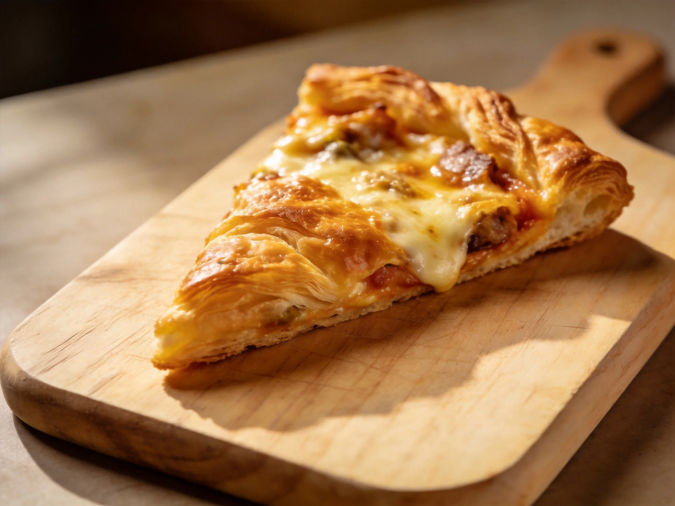 A golden-brown pastry slice with melted cheese on a wooden cutting board