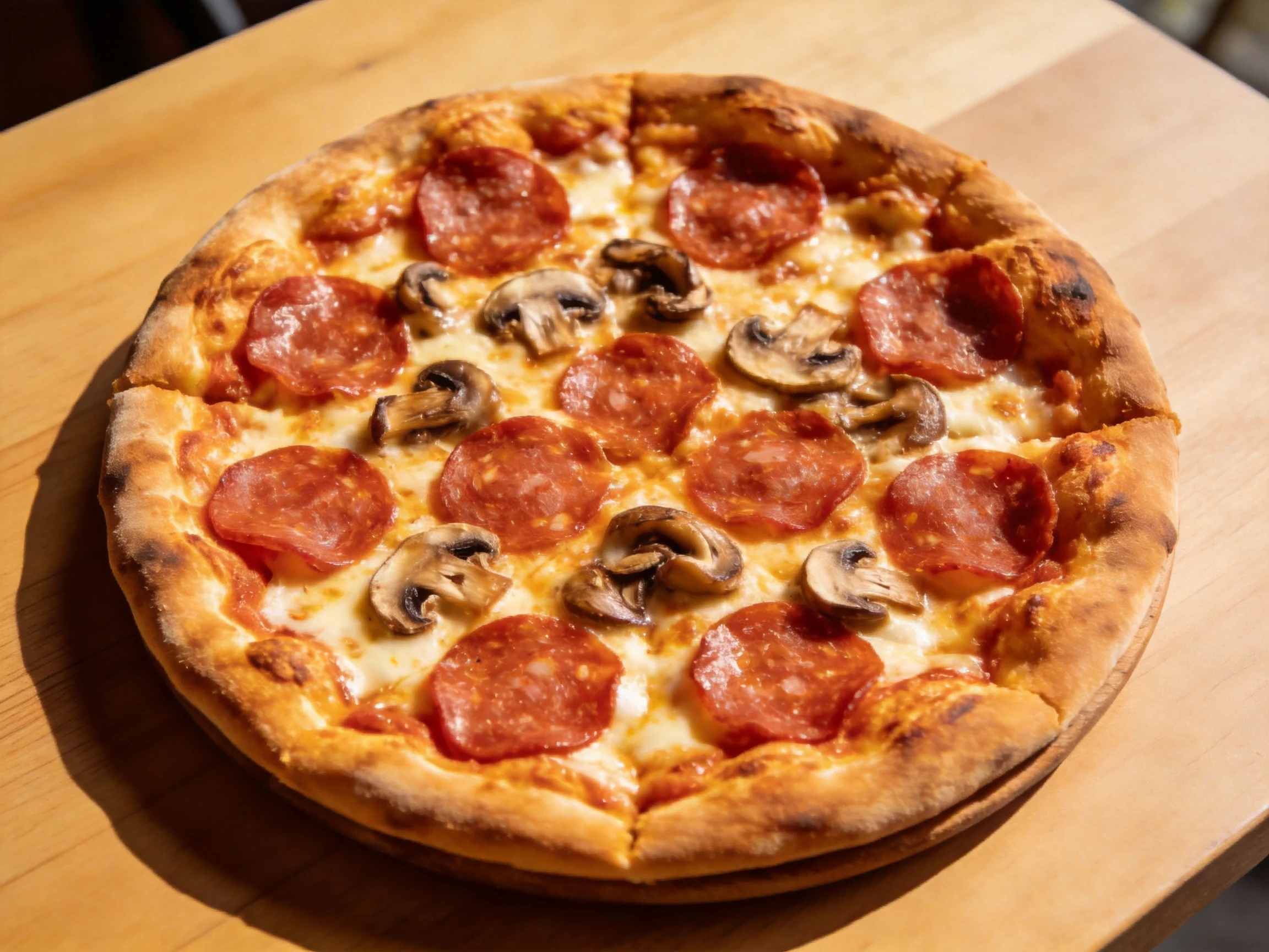 A golden-brown pepperoni and mushroom pizza on a wooden table