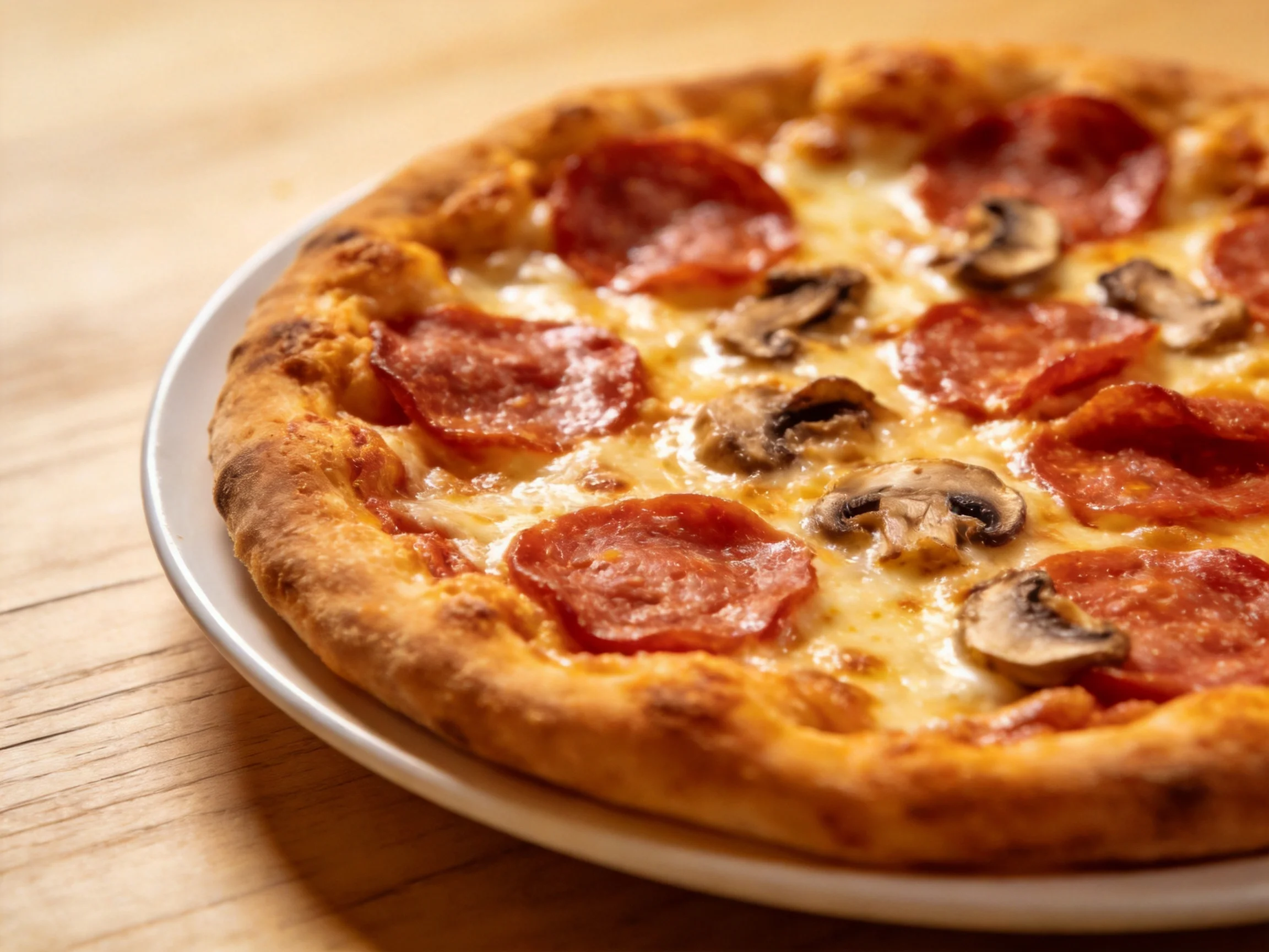 A golden-brown pepperoni and mushroom pizza served on a white plate