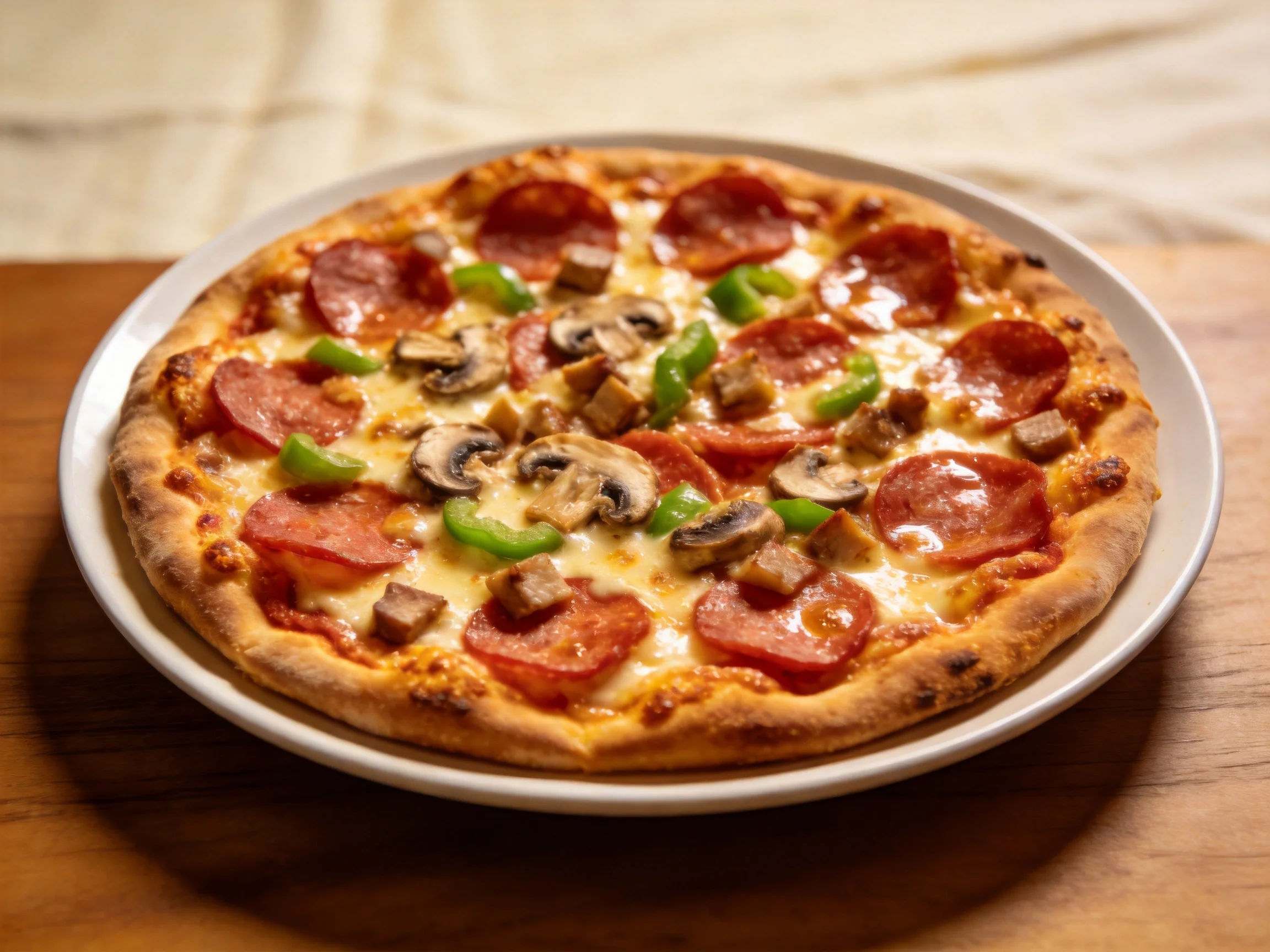 A golden-brown pepperoni, mushroom, and green pepper pizza on a white plate