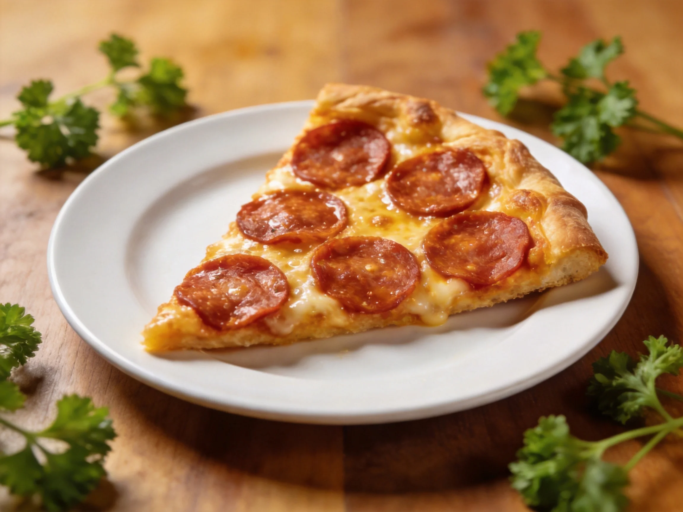 A golden-brown pepperoni pizza slice served on a white plate