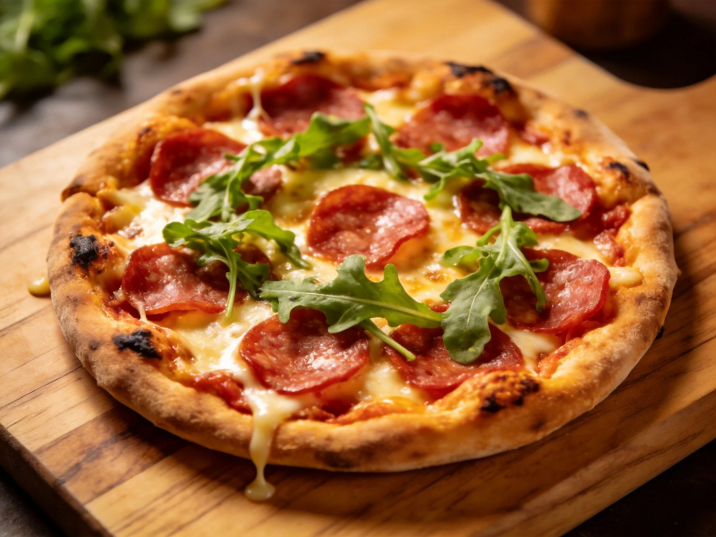 A golden-brown pepperoni pizza topped with arugula on a wooden board
