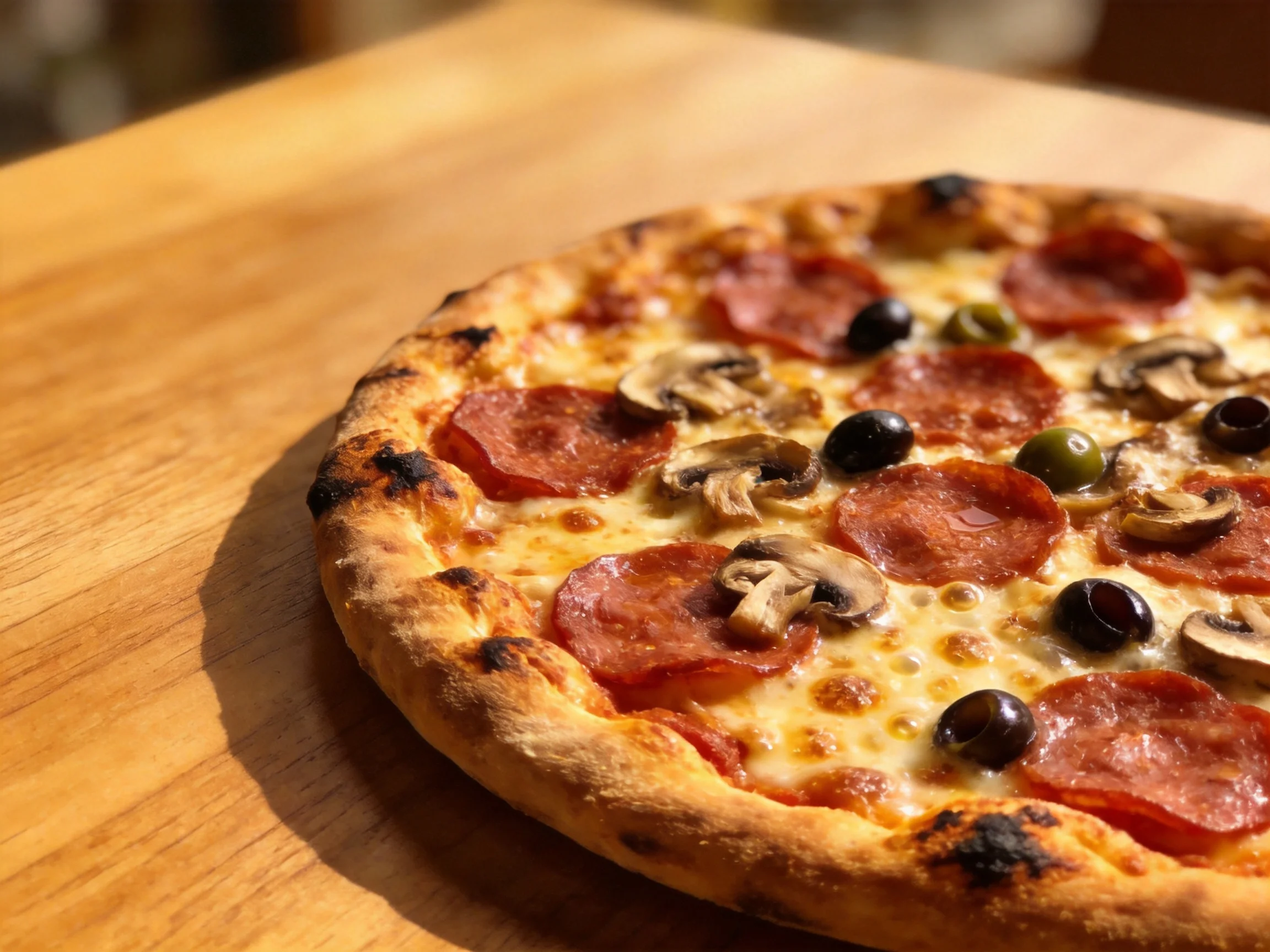 A golden-brown pepperoni pizza topped with mushrooms and olives