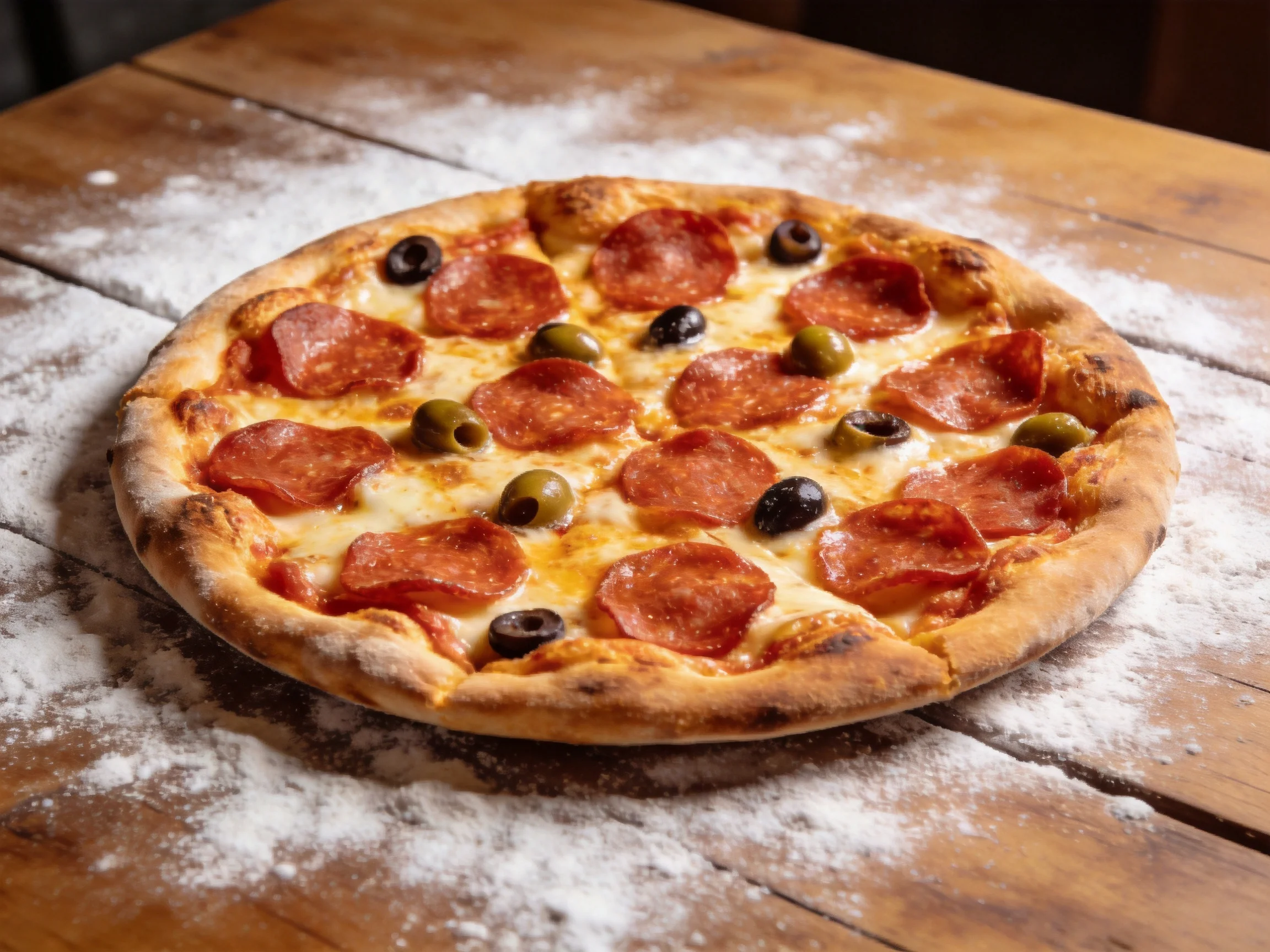 A golden-brown pepperoni pizza with black and green olives on a floured wooden table