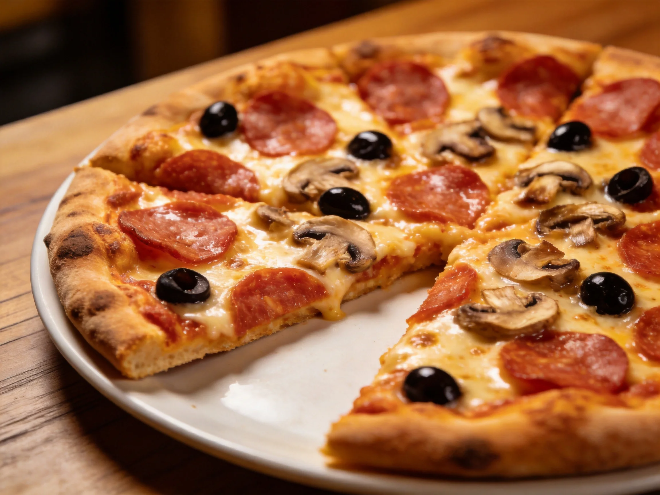 A golden-brown pepperoni pizza with black olives and mushrooms