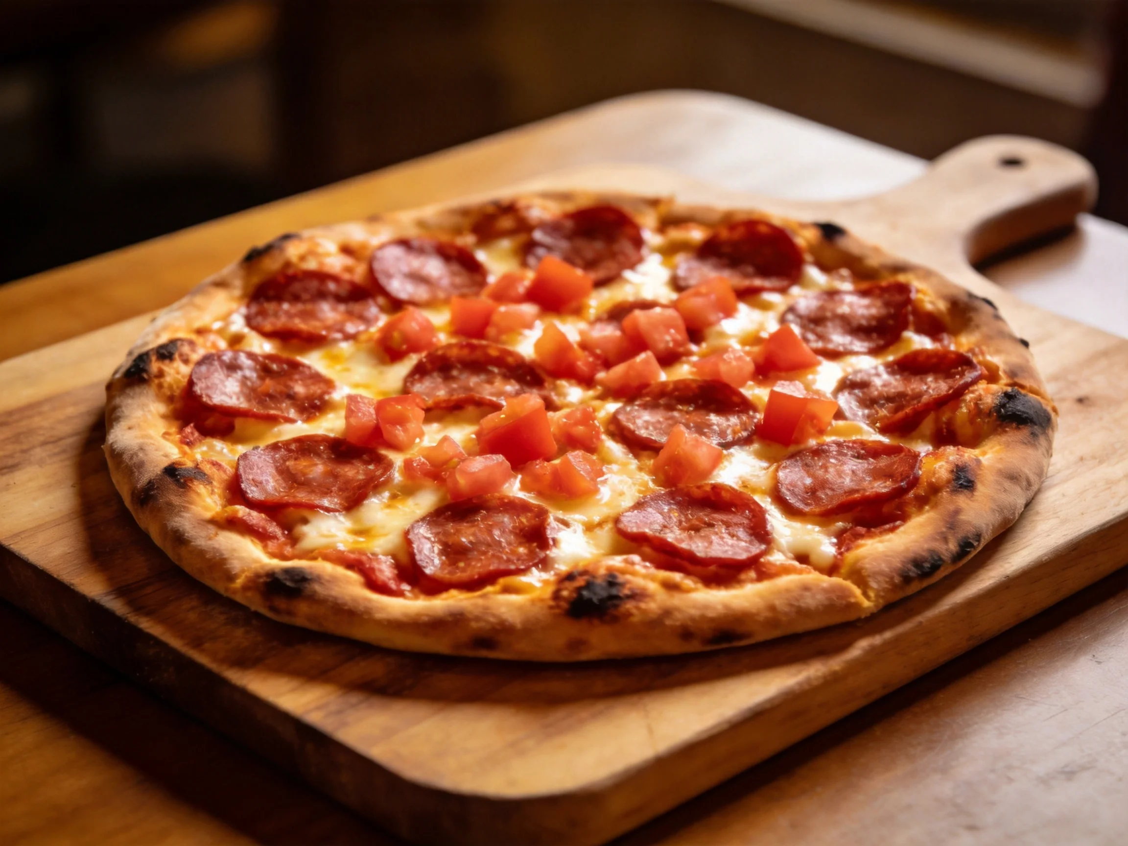 A golden-brown pepperoni pizza with diced tomatoes on a wooden board