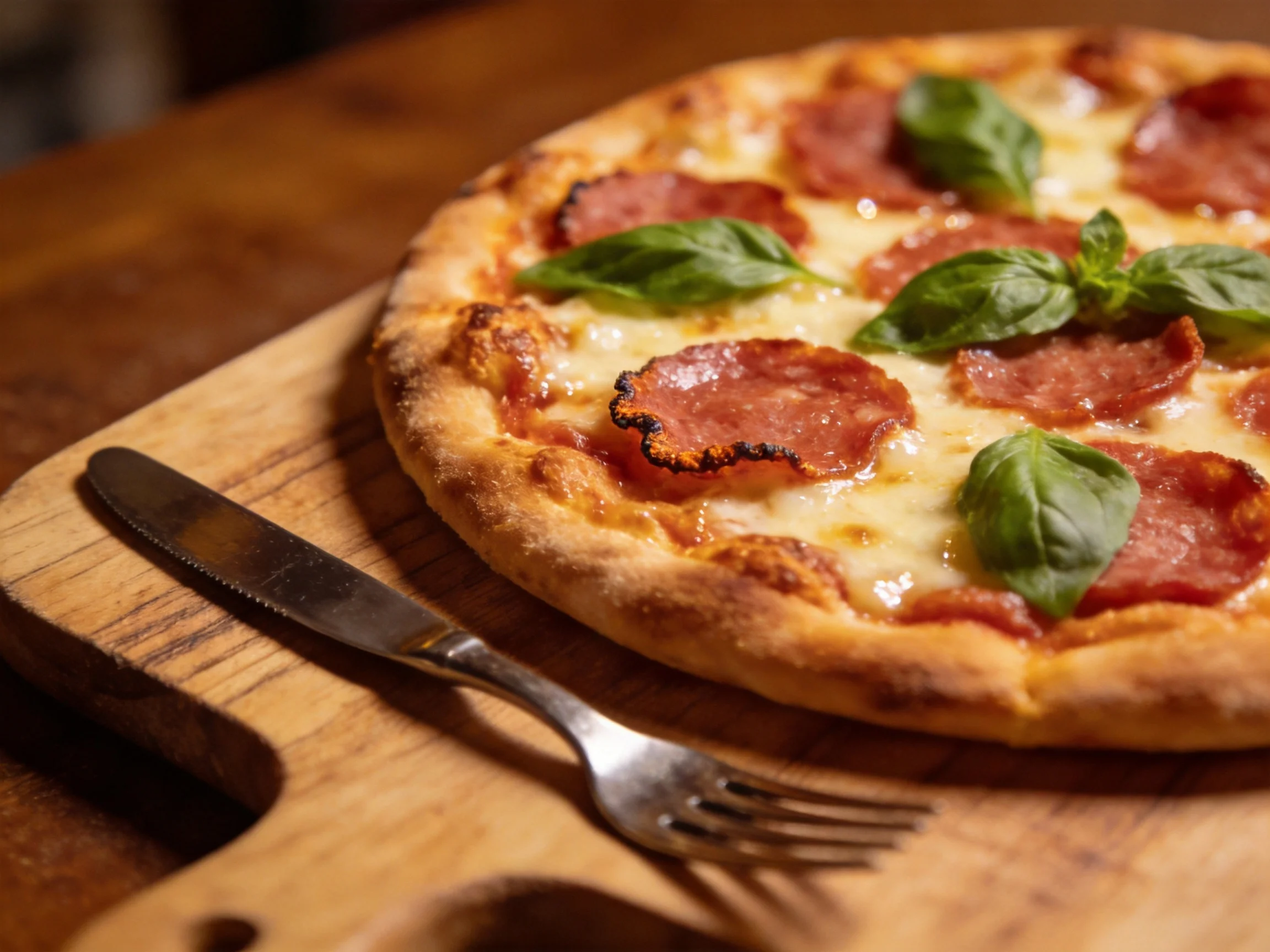 A golden-brown pepperoni pizza with fresh basil on a wooden serving board