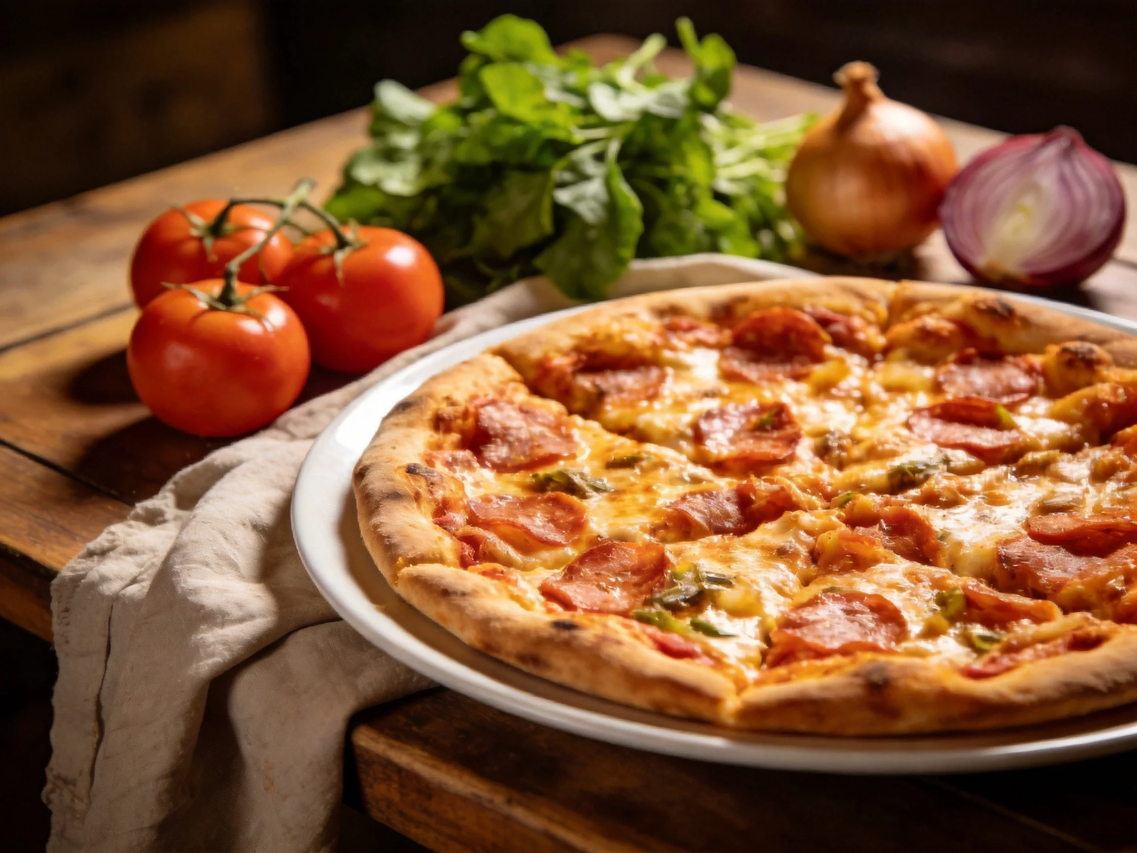 A golden-brown pepperoni pizza with fresh vegetables nearby
