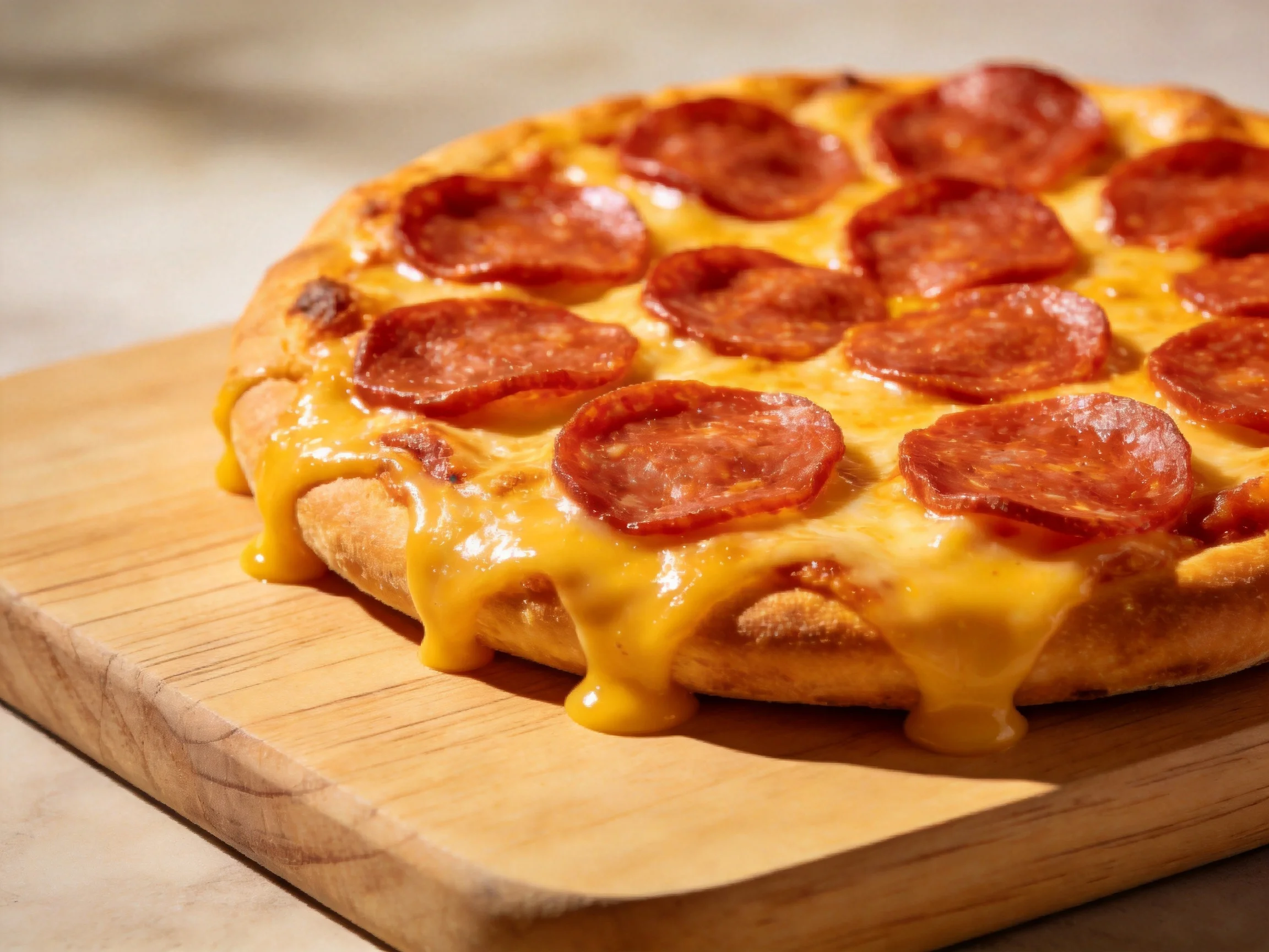 A golden-brown pepperoni pizza with melted cheese drips on a wooden board