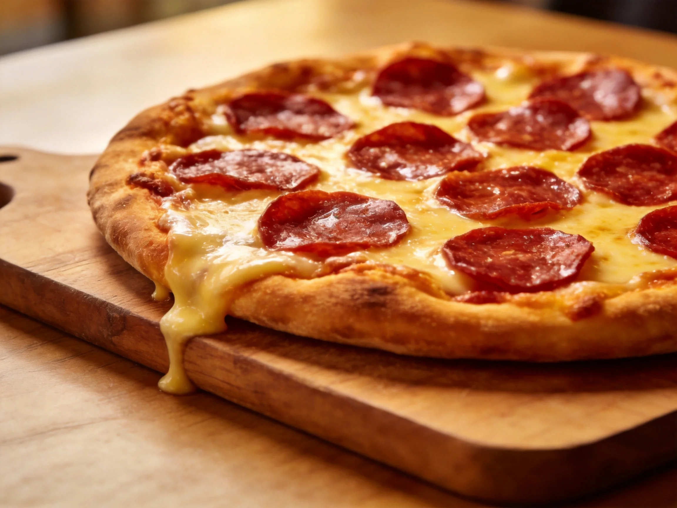 A golden-brown pepperoni pizza with melted cheese on a wooden board