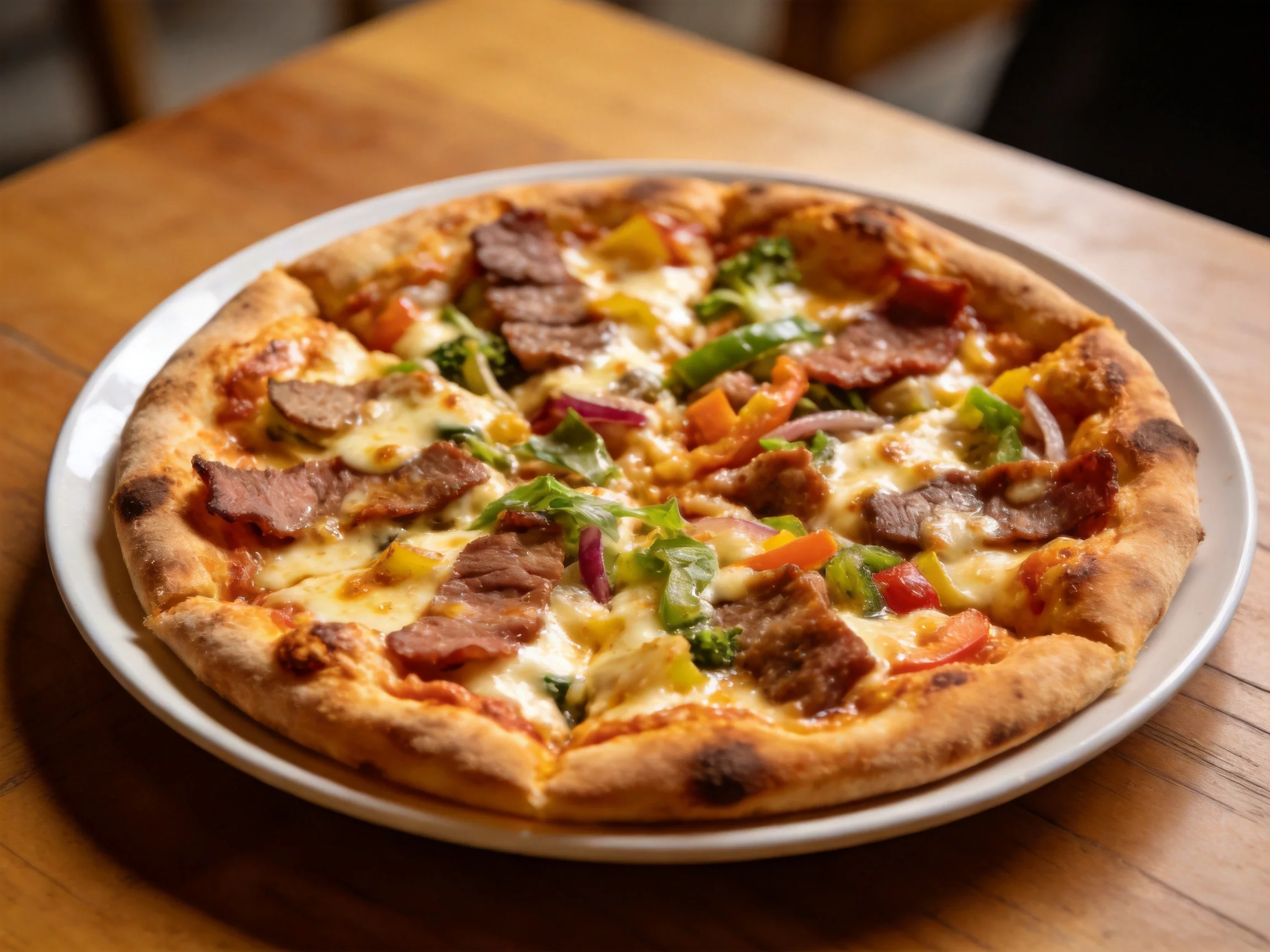 A golden-brown pizza loaded with meats, veggies, and melted cheese