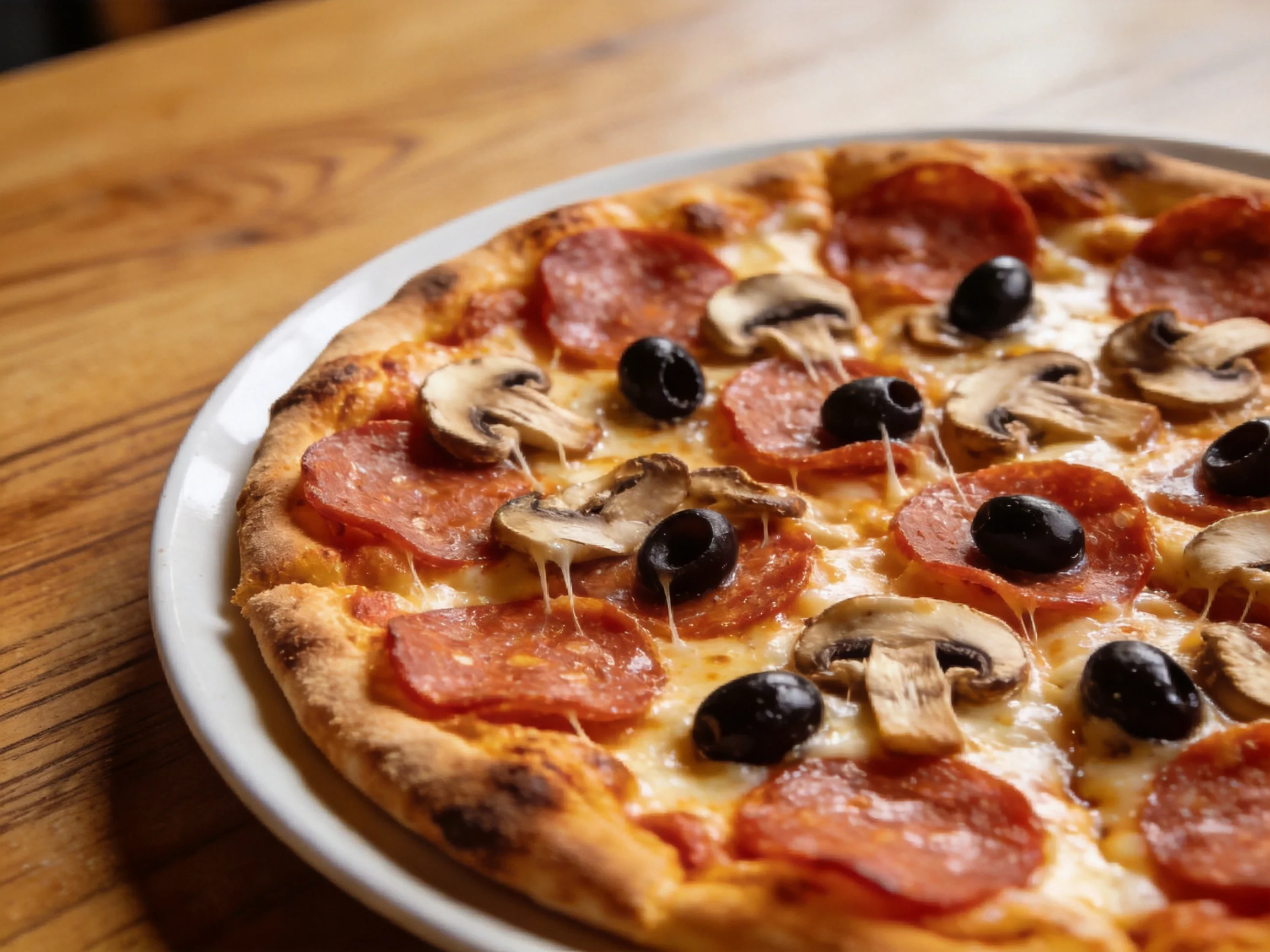 A golden-brown pizza loaded with pepperoni, mushrooms, and black olives